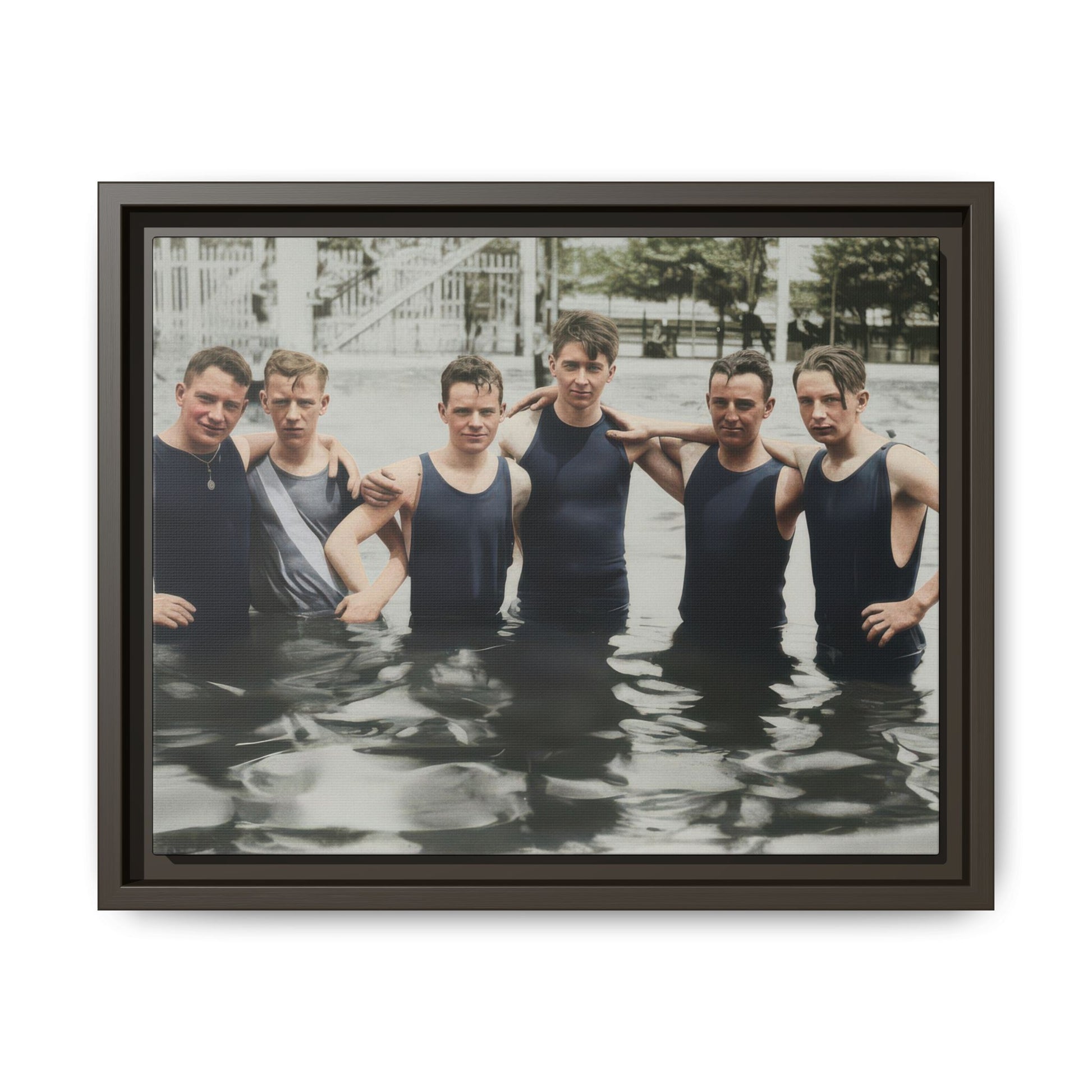 Historical seaside snapshot reproduced as archival canvas wall art with six figures in water 