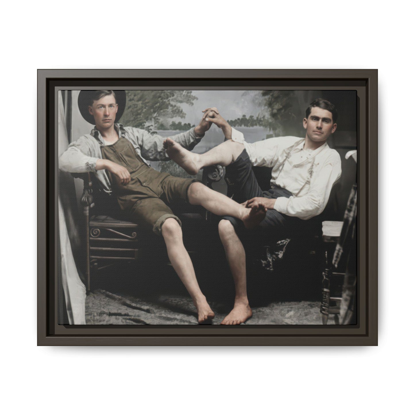 Historical companion portrait with bare feet, suspenders, and soft neutral tones