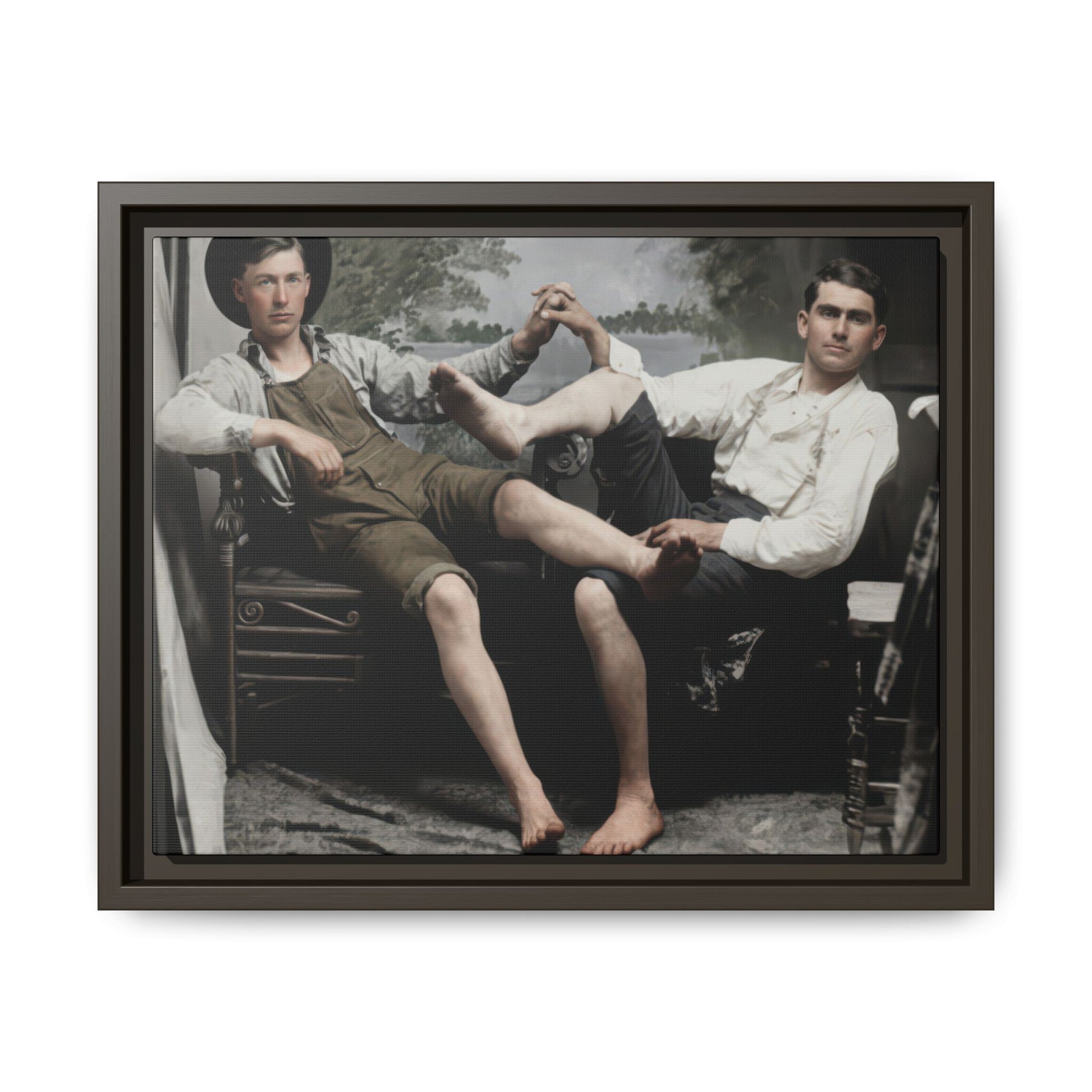 Historical companion portrait with bare feet, suspenders, and soft neutral tones