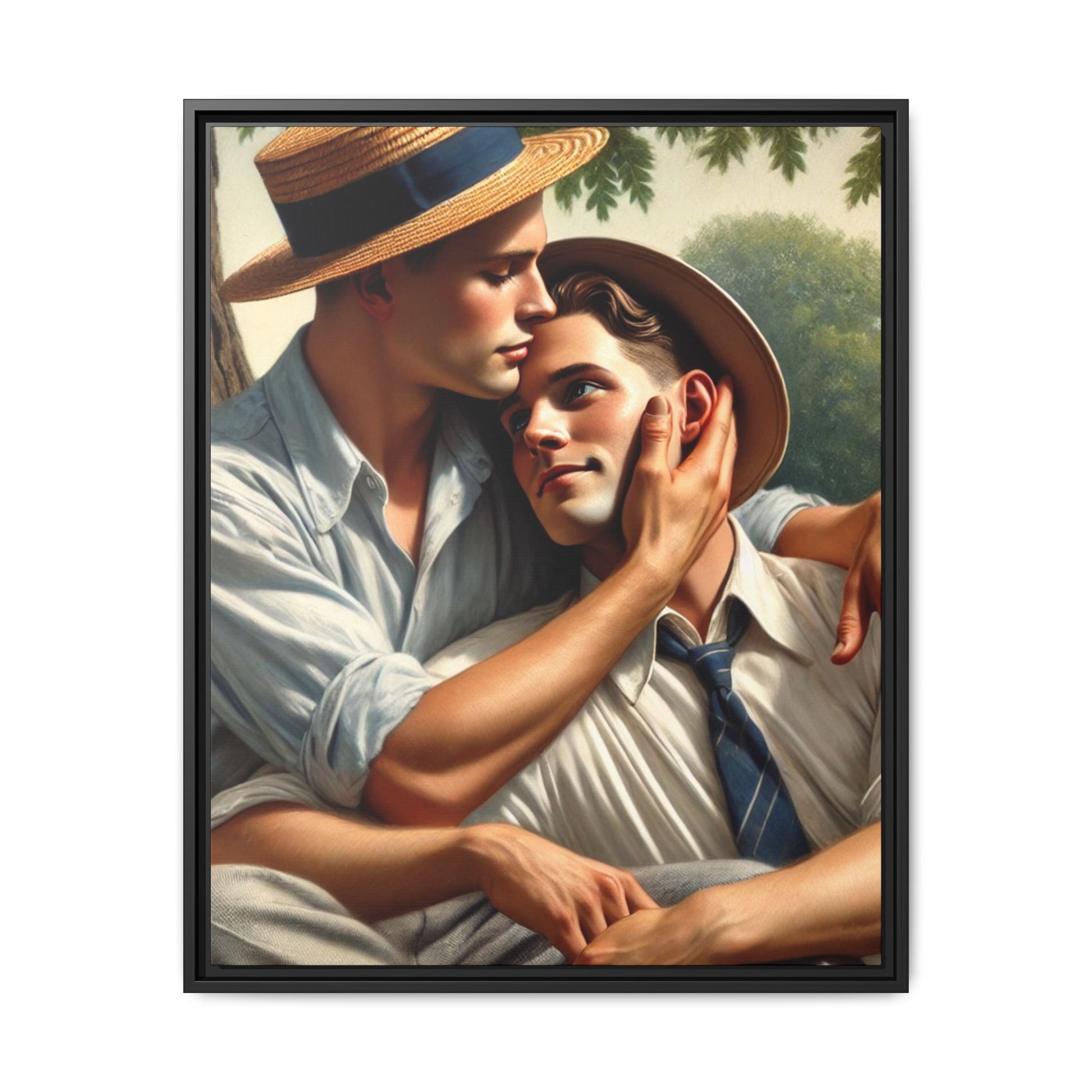 Vintage-style artwork of a gay couple in a sunlit meadow, sharing an affectionate moment in the 1930s