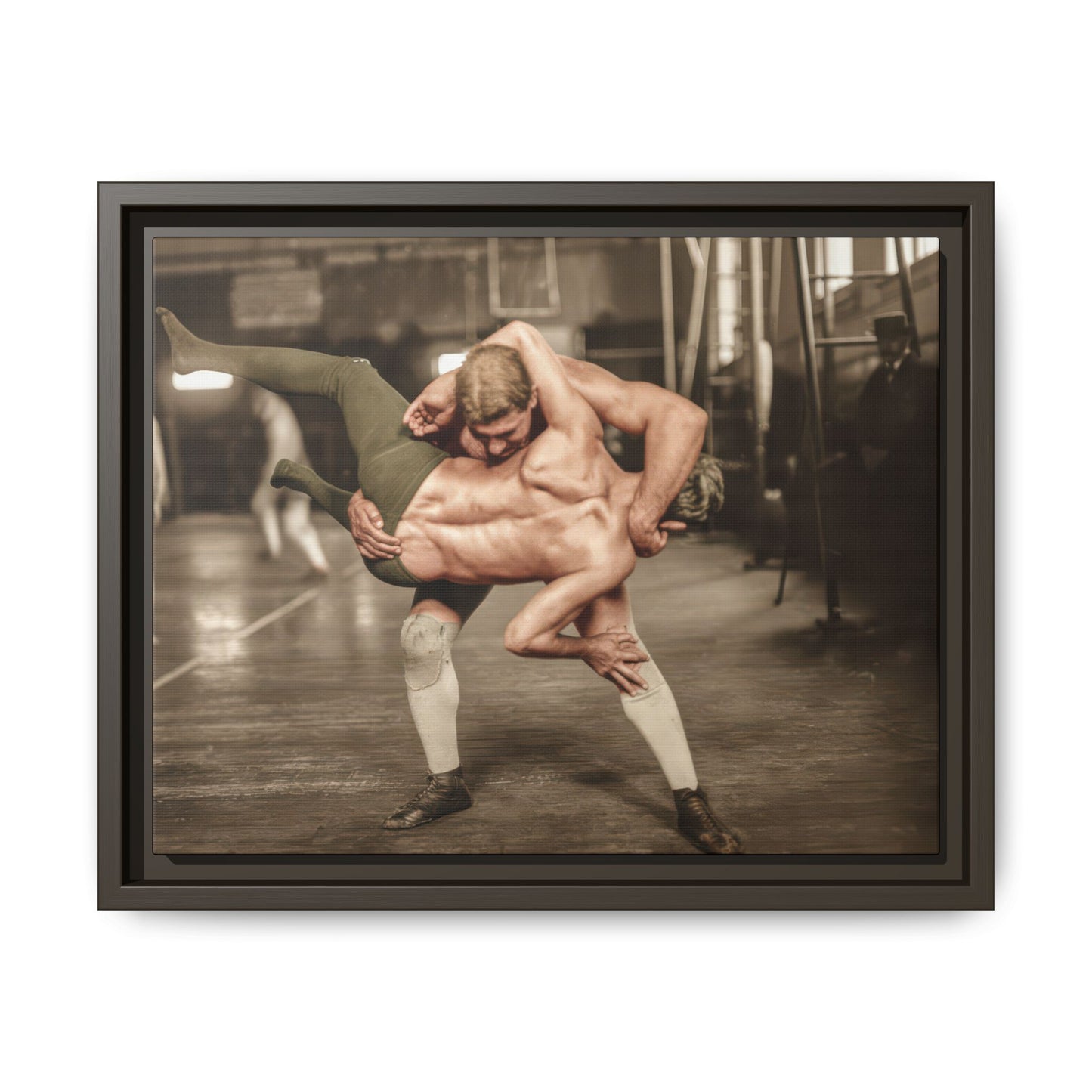 Historical athletic photograph reproduced as archival canvas wall art with wrestlers in training space 