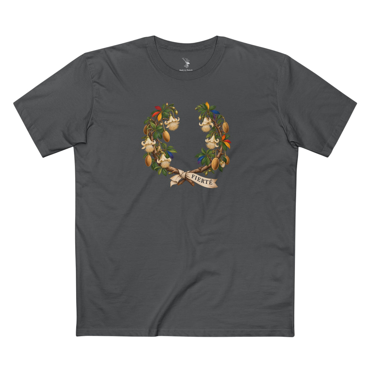 Malian baobab laurel wreath with rainbow-accented leaflets, pale hanging blossoms, oval fruit, and an ivory ribbon reading FIERTÉ.