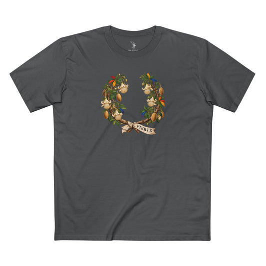 Malian baobab laurel wreath with rainbow-accented leaflets, pale hanging blossoms, oval fruit, and an ivory ribbon reading FIERTÉ.