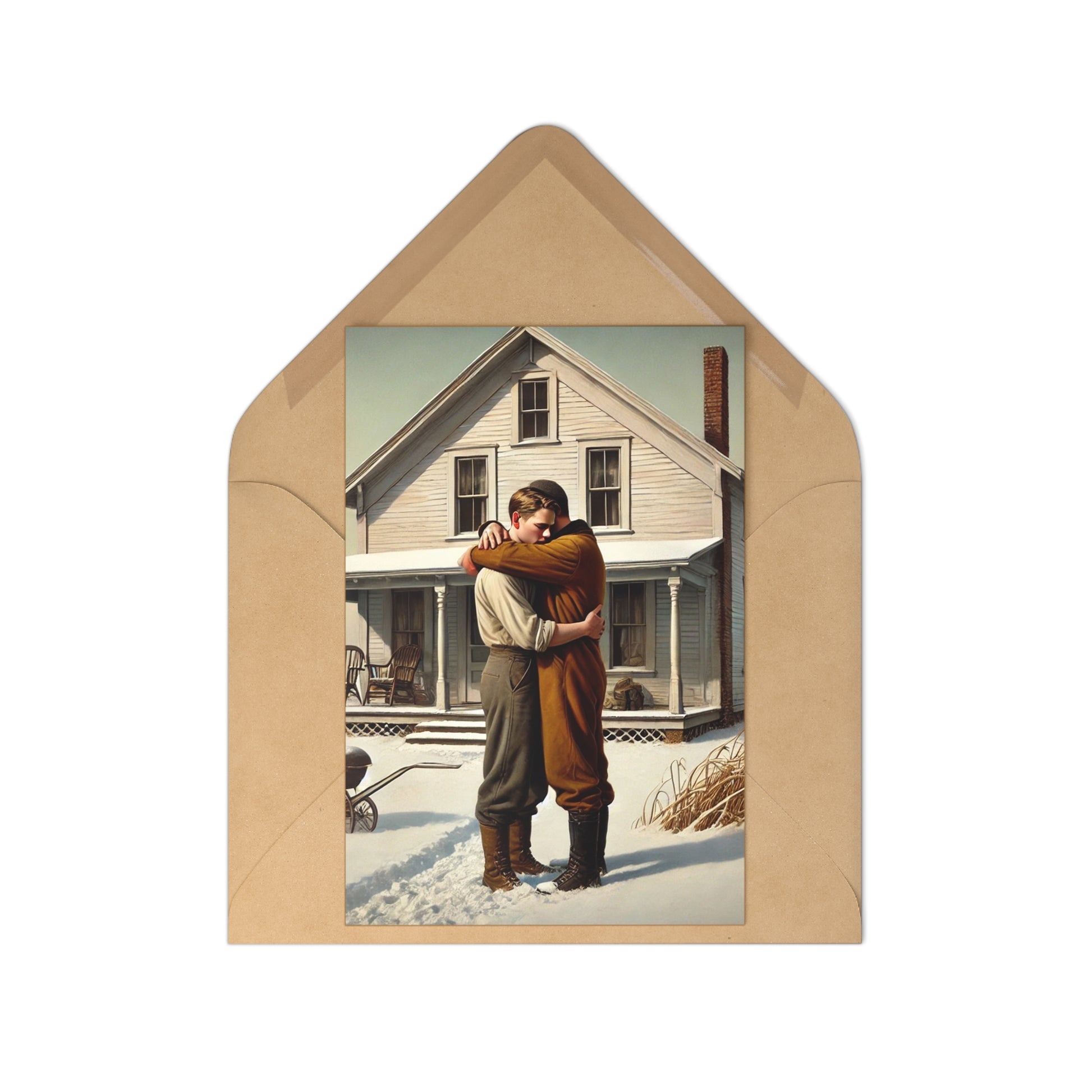 Romantic postcard set featuring a gay couple embracing outside a snowy farmhouse, evoking timeless Americana charm.