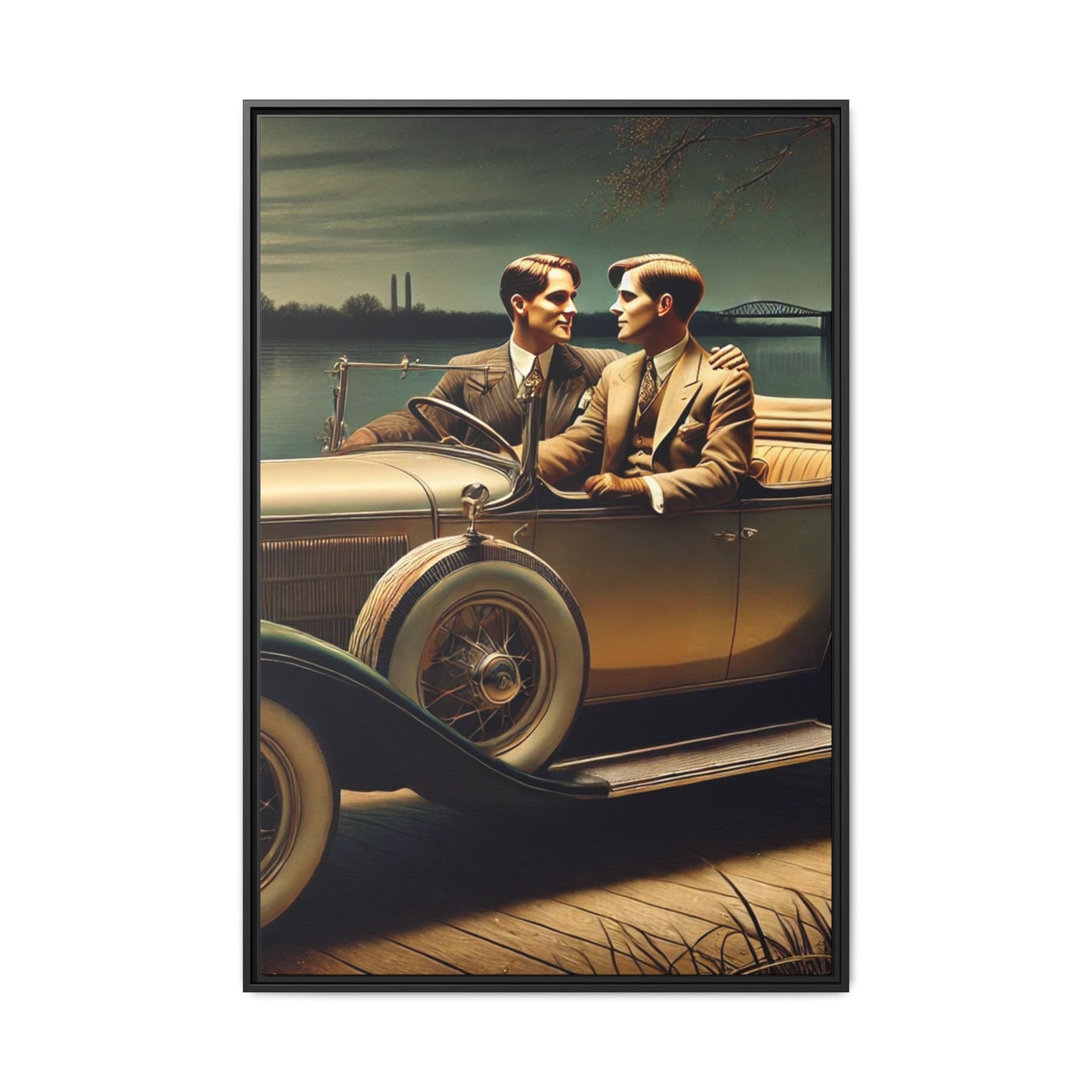 Vintage-style artwork of a gay couple in a 1930 Packard car by the Mississippi River under moonlight, celebrating love and history.