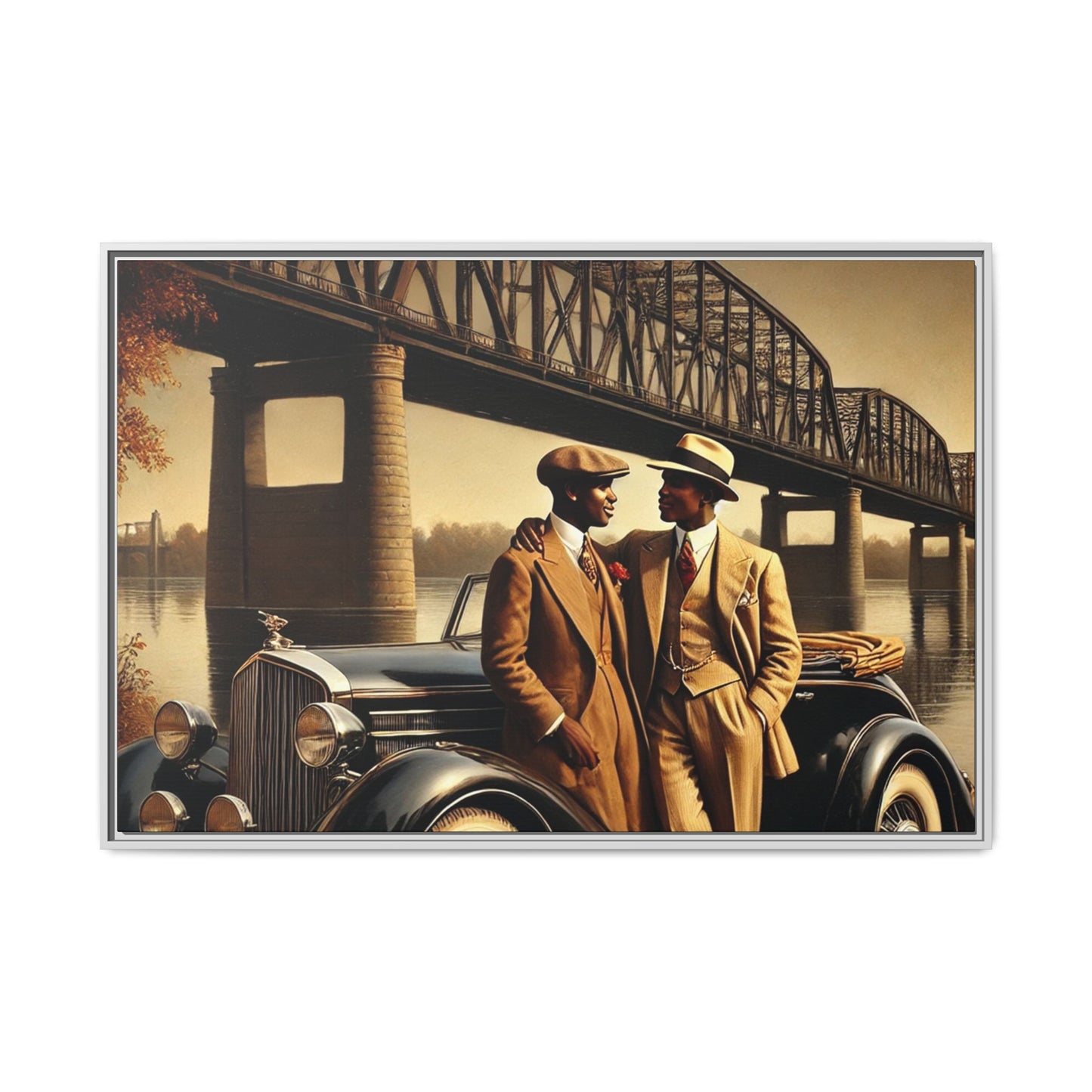 Vintage-style artwork of an African-American gay couple in the 1930s with a Packard car by the Mississippi River, celebrating love and inclusivity.