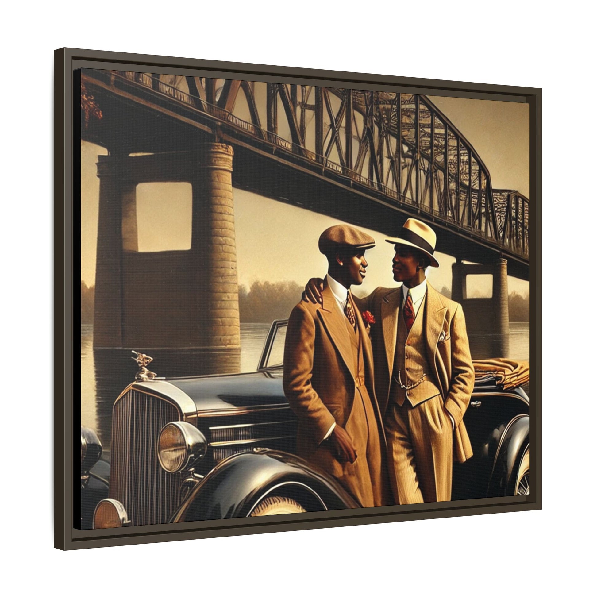 Vintage-style artwork of an African-American gay couple in the 1930s with a Packard car by the Mississippi River, celebrating love and inclusivity.