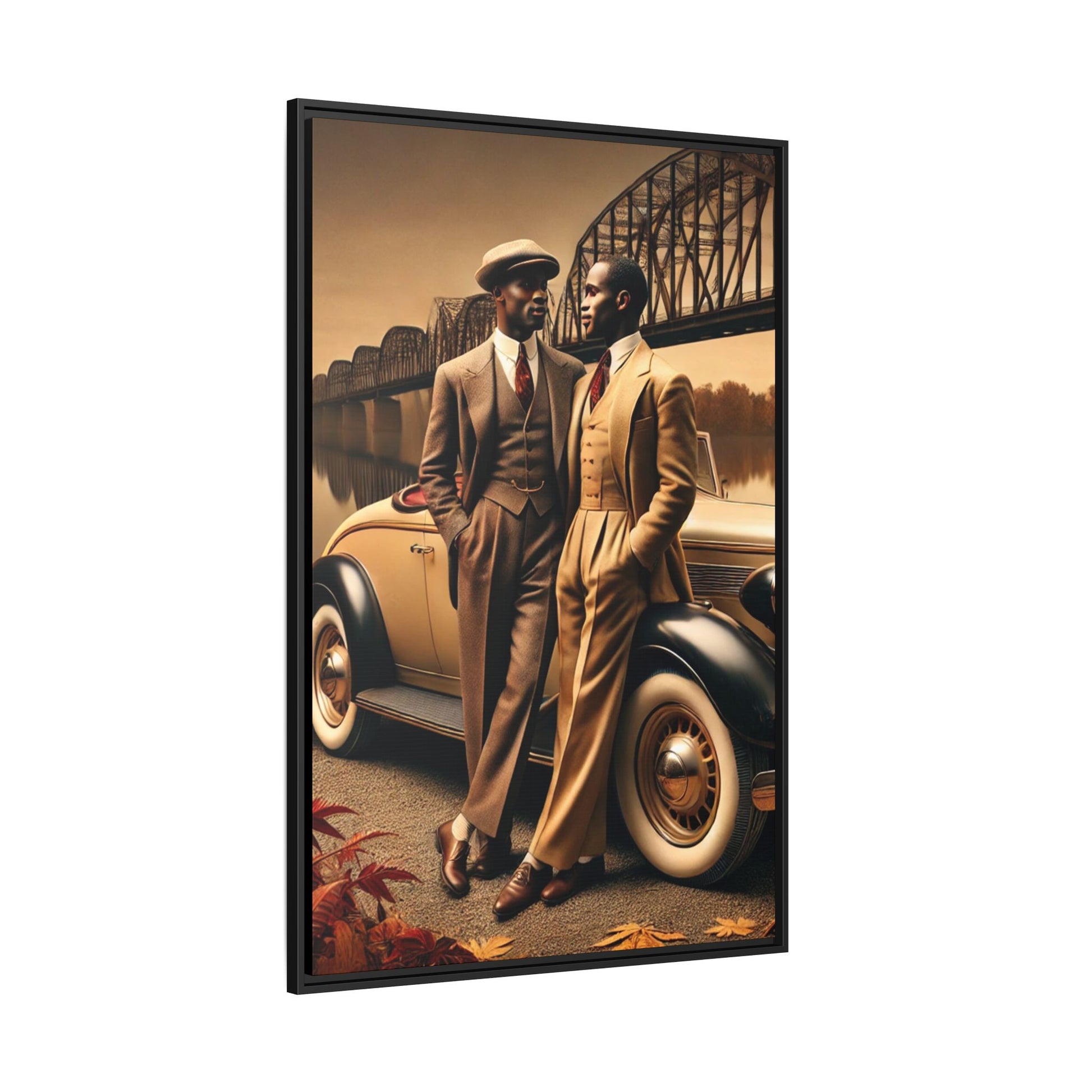 Vintage-style artwork of an African-American gay couple in the 1930s by the Mississippi River with a Packard car, celebrating love and resilience.