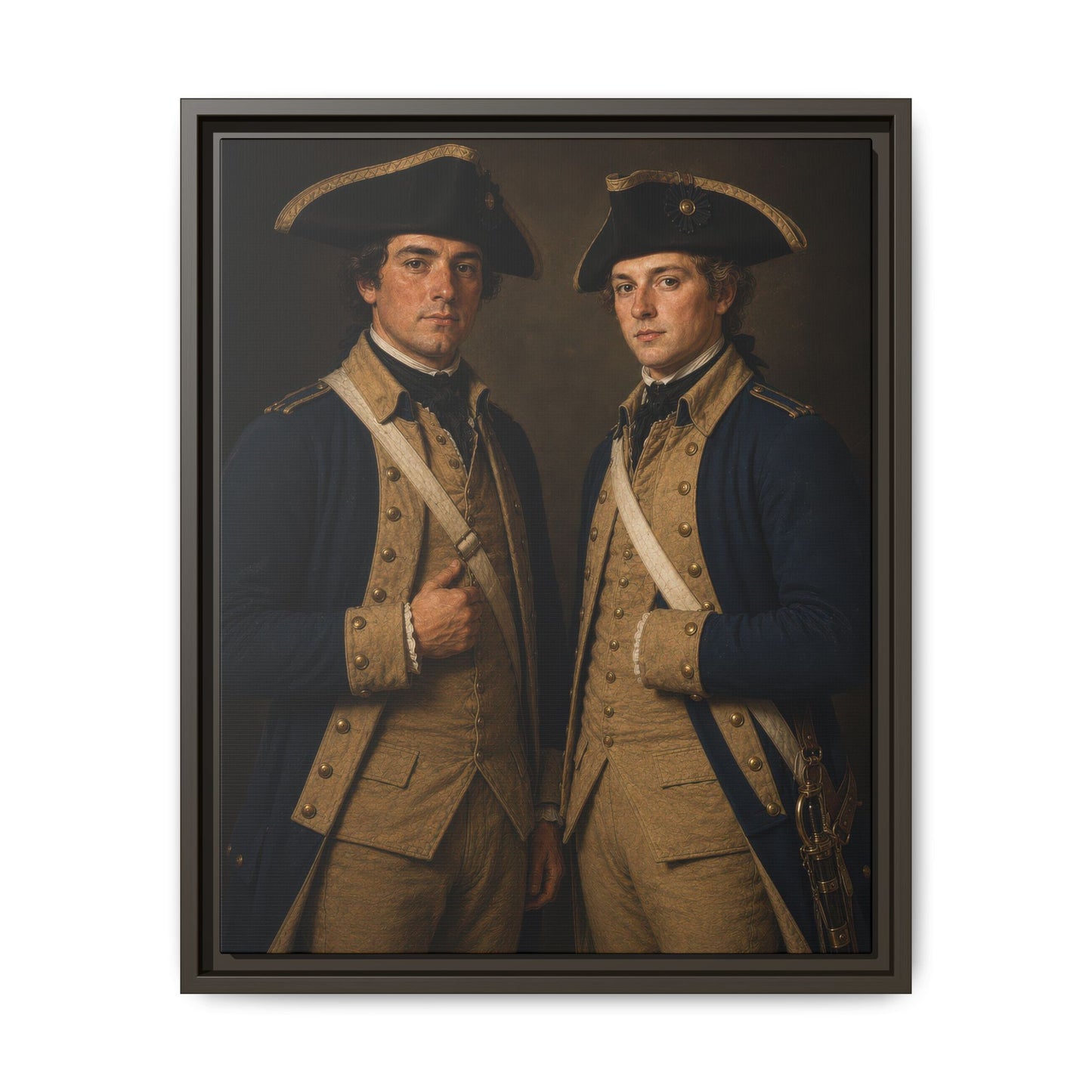 Historical oil-style portrait depicting two late eighteenth-century Continental Army soldiers in museum-quality realism.