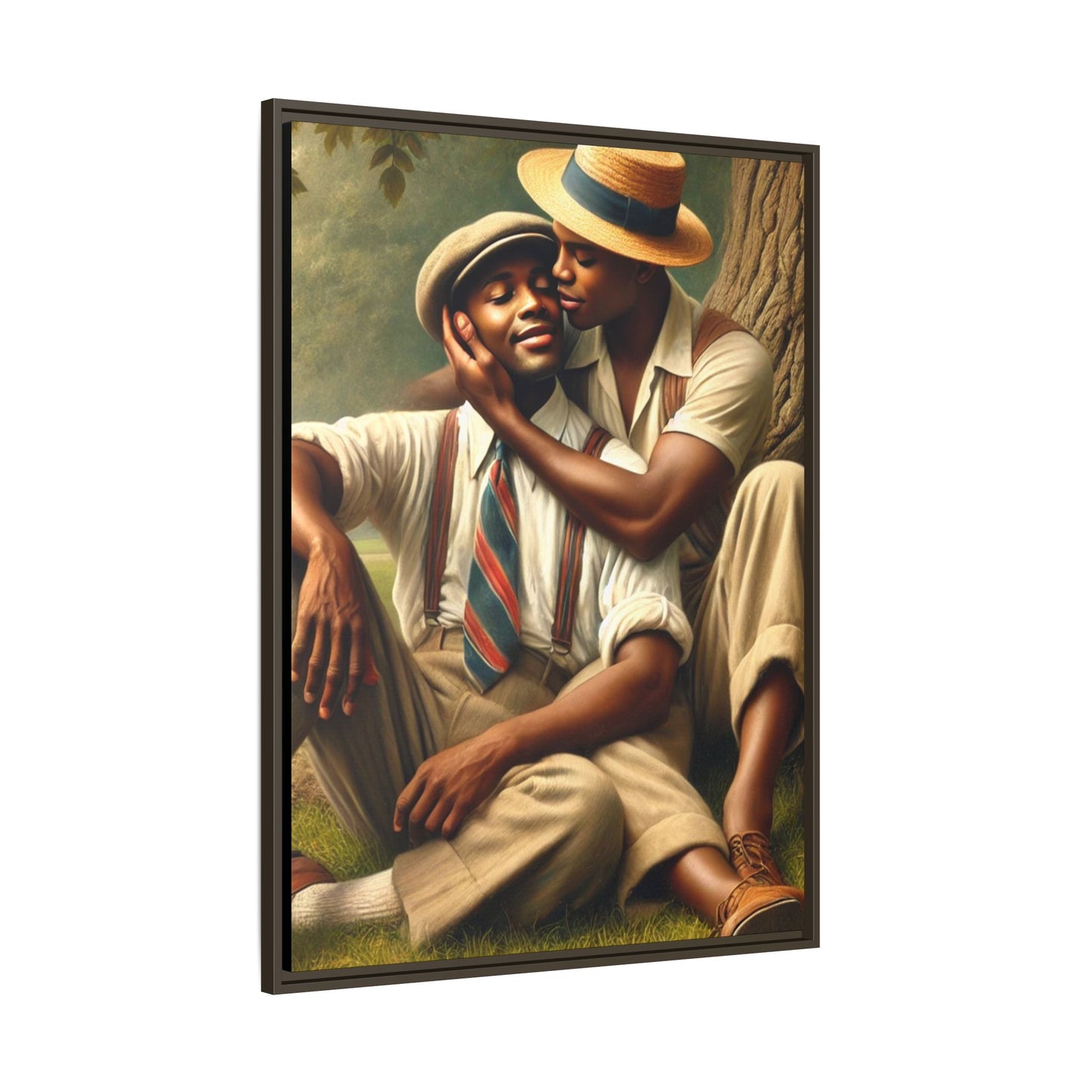 Hyper-realistic artwork of an African-American gay couple in 1930s vintage attire under a leafy tree, celebrating love and resilience.