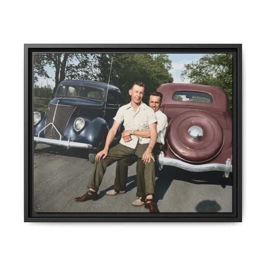 Historical roadside photograph with classic 1930s cars