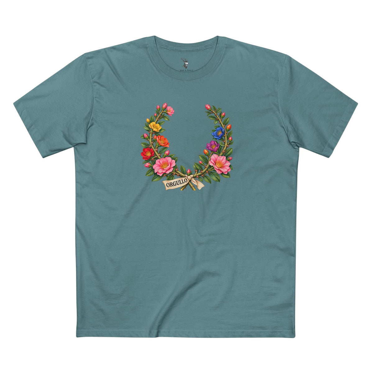 Dominican Bayahibe rose Pride laurel wreath with colorful flowers and burgundy ORGULLO text for light shirts
