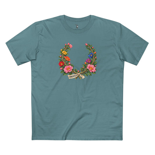 Dominican Bayahibe rose Pride laurel wreath with colorful flowers and burgundy ORGULLO text for light shirts