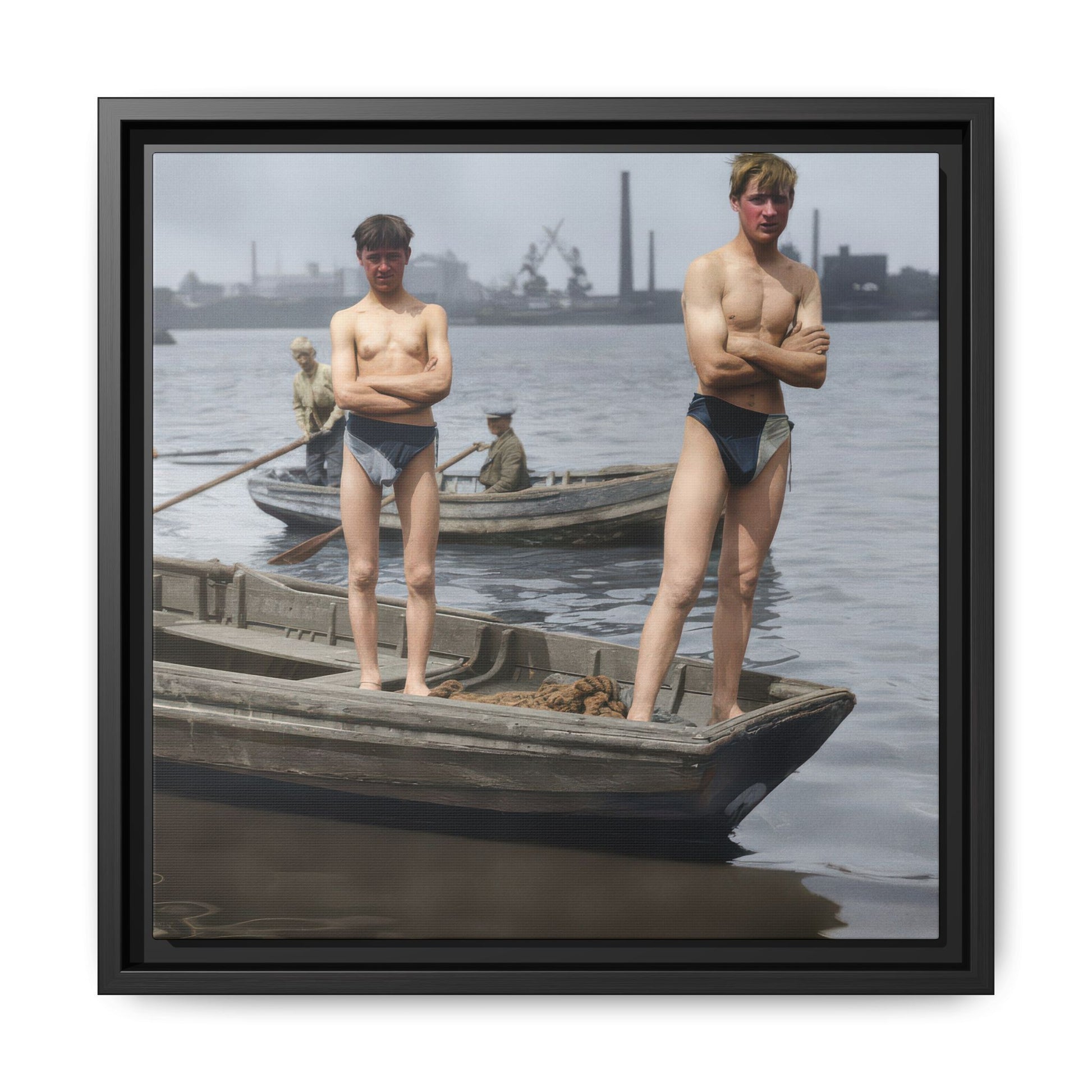 Restored vintage photograph of two figures standing on a small boat at an industrial waterfront 