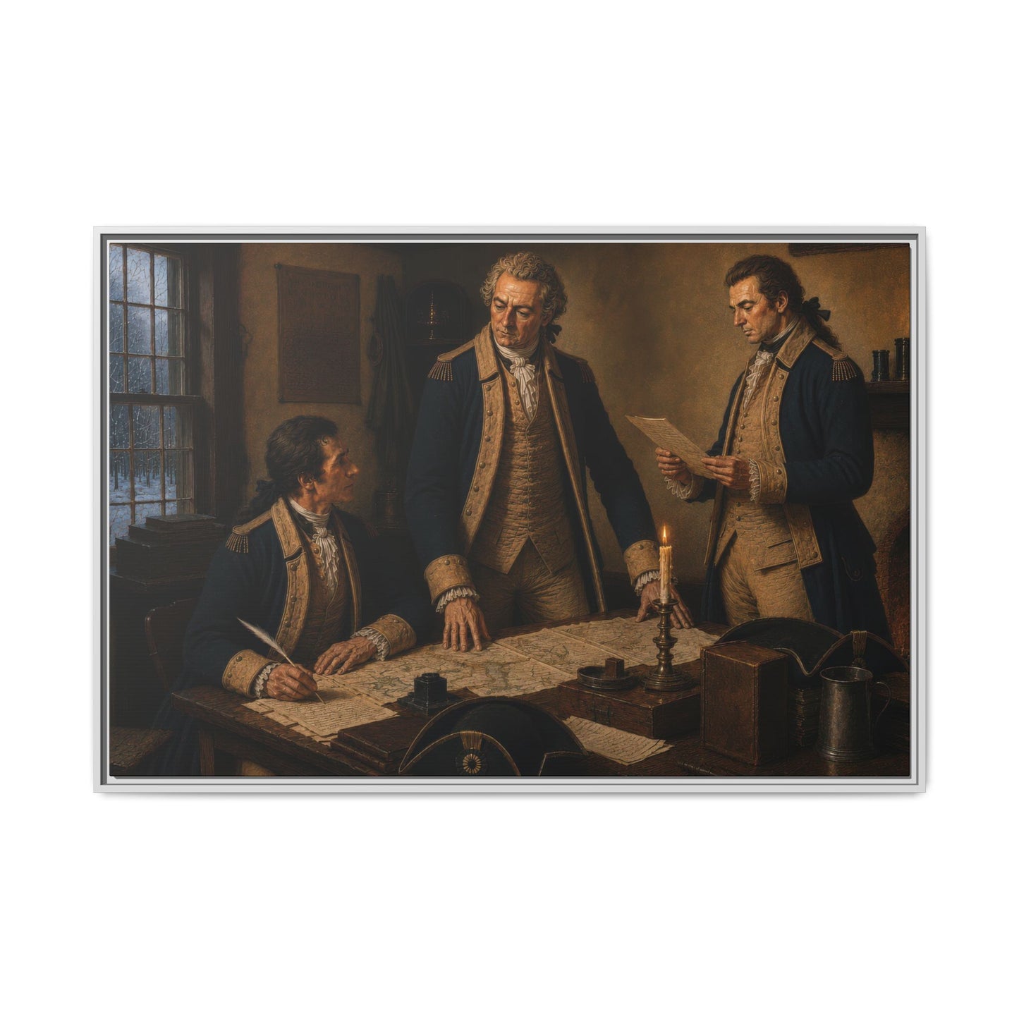 Continental Army officers Baron Friedrich Wilhelm von Steuben, Benjamin Walker, and William North studying maps and correspondence in an eighteenth-century headquarters rendered as a museum-quality historical oil painting.