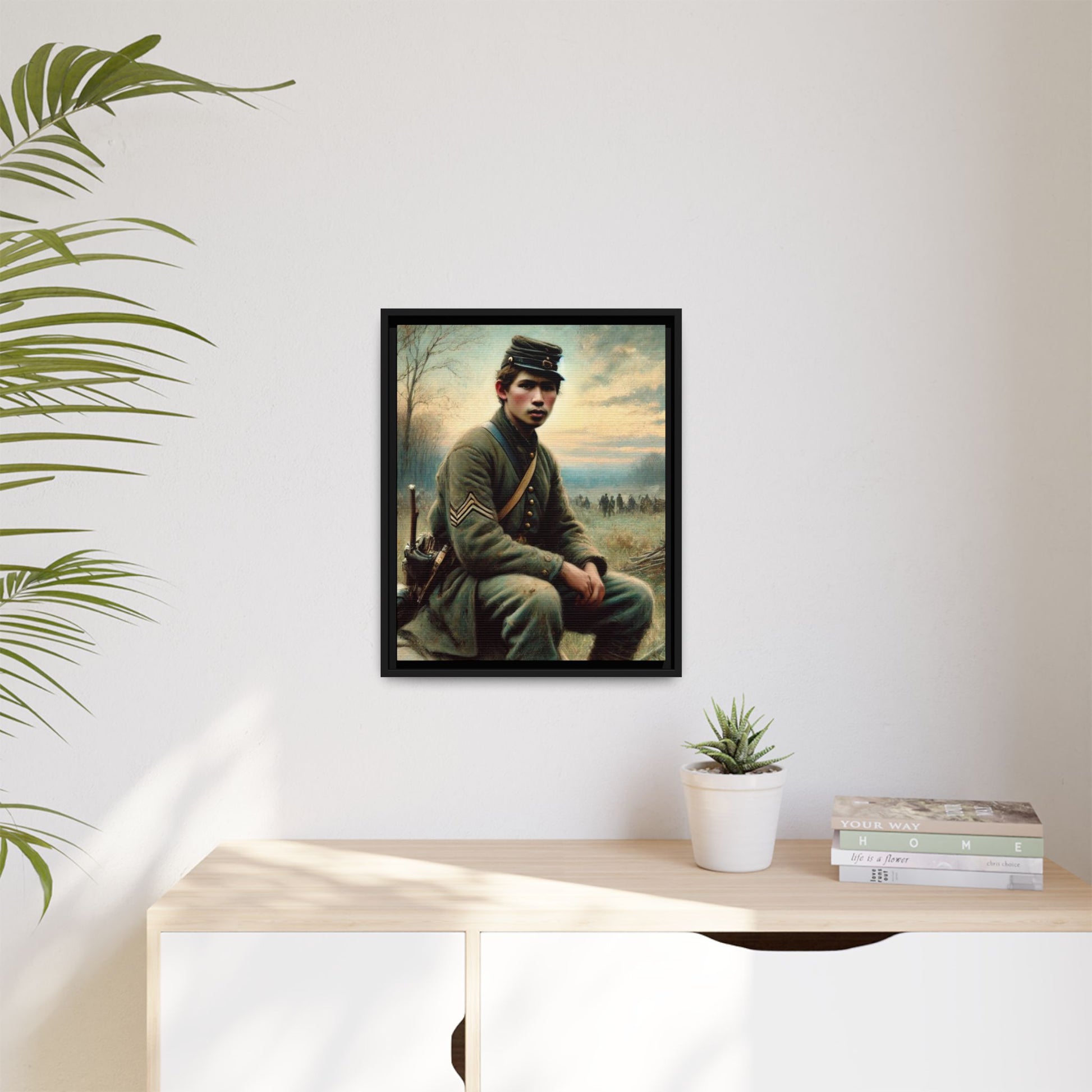 Framed artwork of a Civil War Union soldier inspired by Walt Whitman’s Leaves of Grass and Drum-Taps, depicting themes of sacrifice, strength, and vulnerability amidst a 19th-century battlefield.