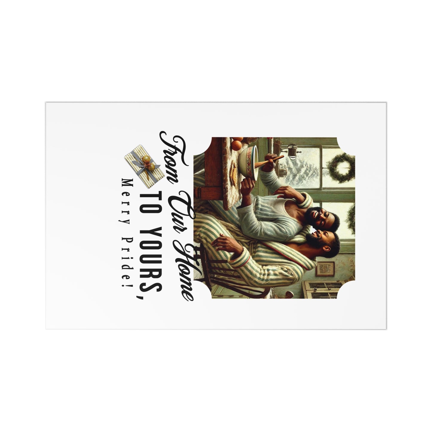 Heartwarming postcard set featuring a Black gay couple sharing a joyful Christmas morning in a vintage 1920s kitchen.