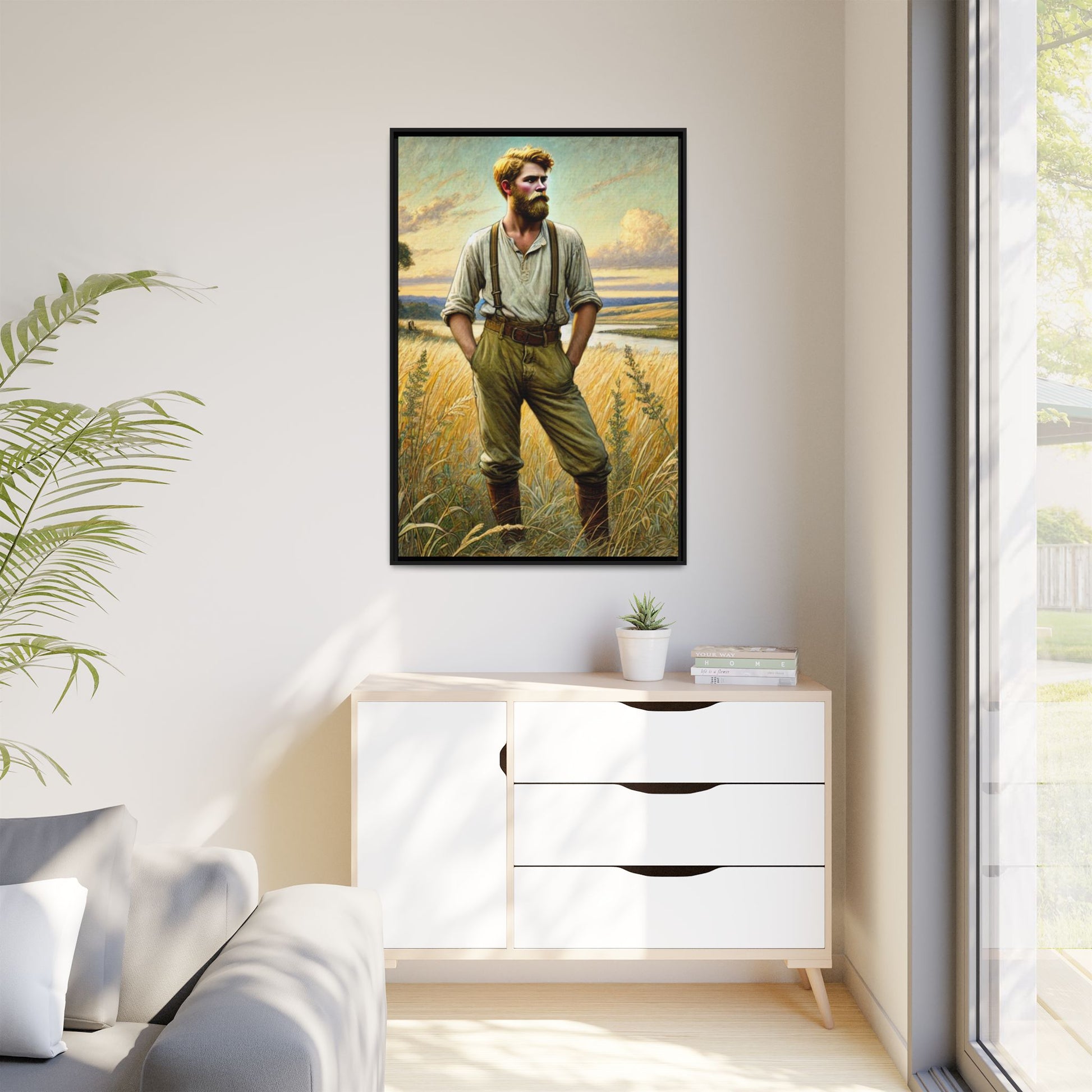 Framed artwork of a confident farmer in 19th-century attire, standing in a golden wheat field, inspired by Walt Whitman’s Song of Myself in Leaves of Grass.