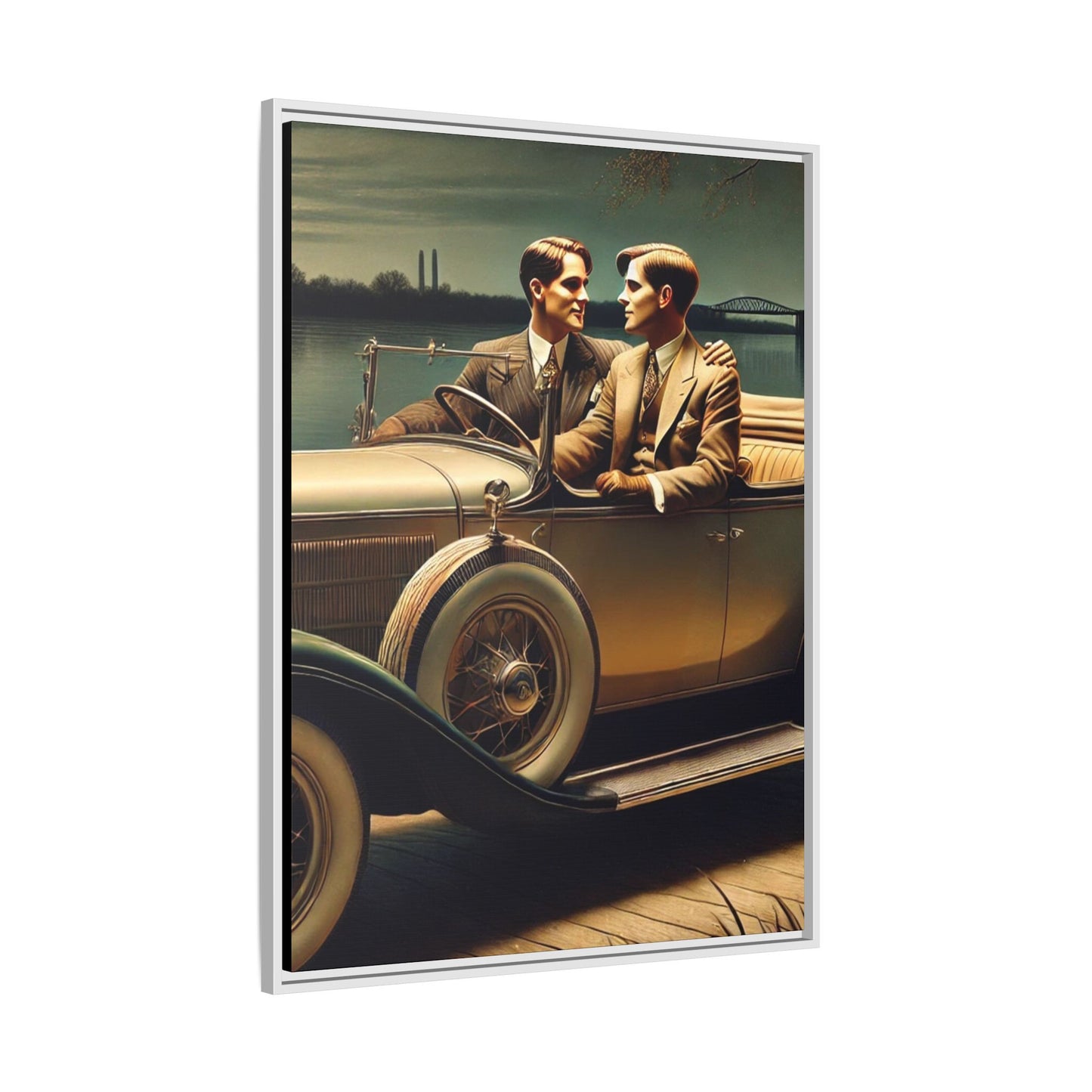 Vintage-style artwork of a gay couple in a 1930 Packard car by the Mississippi River under moonlight, celebrating love and history.