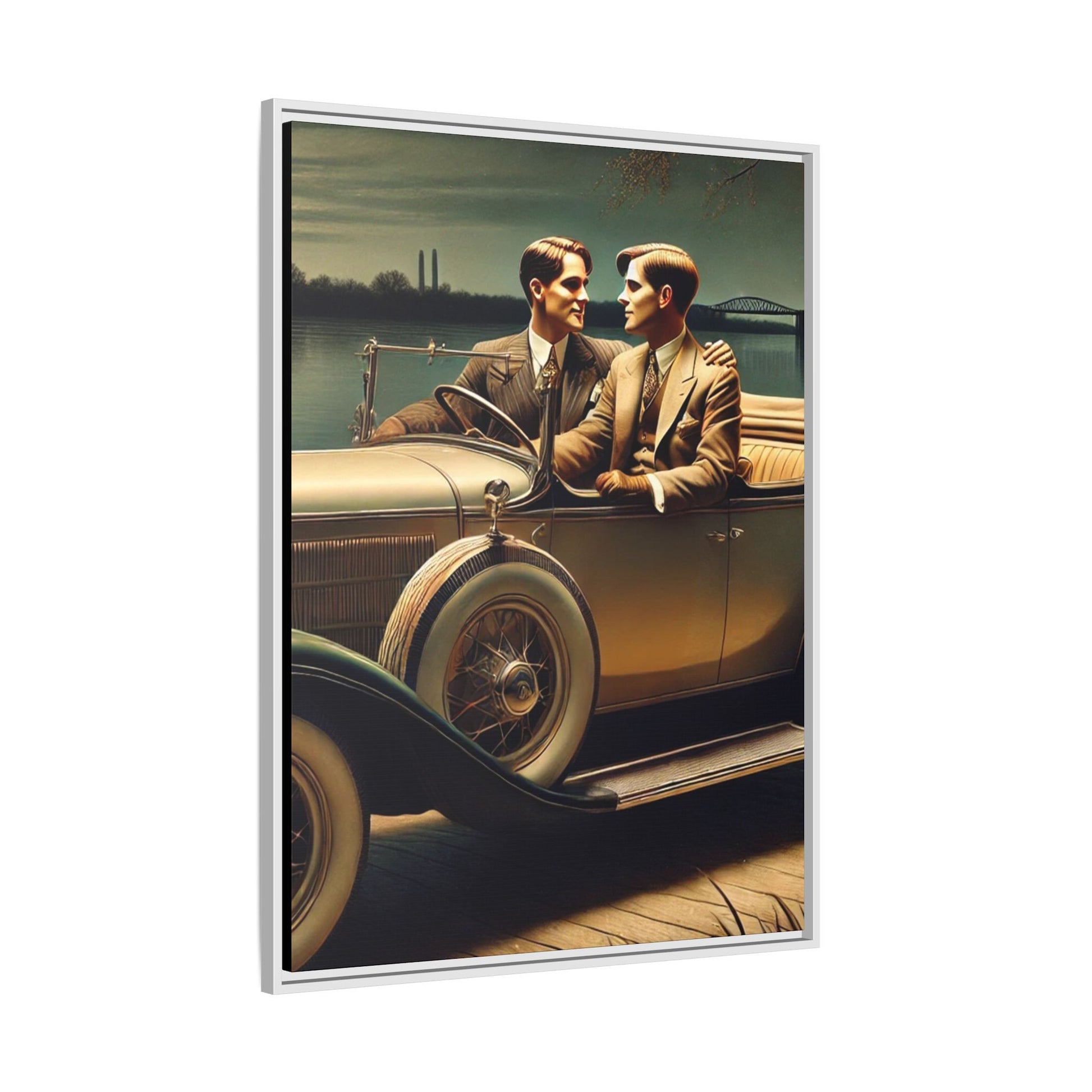 Vintage-style artwork of a gay couple in a 1930 Packard car by the Mississippi River under moonlight, celebrating love and history.