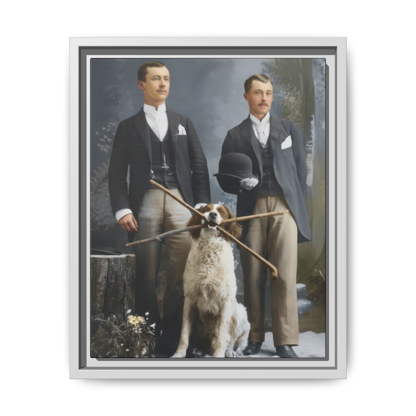 Historical portrait framed canvas wall art with scenic backdrop and dog at center