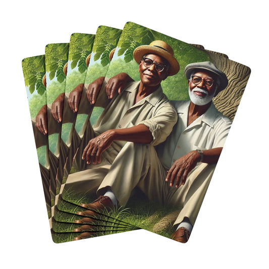 Queer Black elders, 1920s rural Iowa, Grant Wood-inspired art, vintage poker deck, LGBTQ+ love and history.