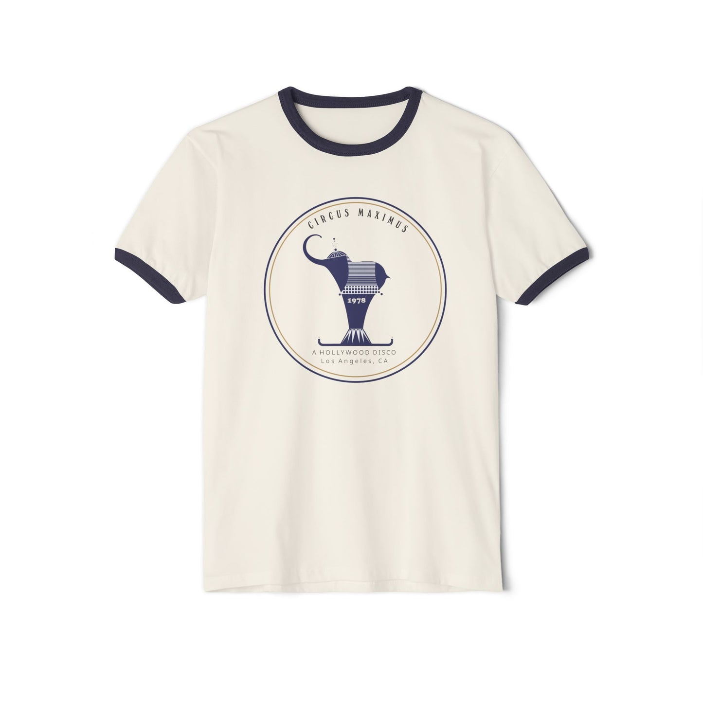Retro ringer T-shirt with Circus Maximus Hollywood disco badge graphic 