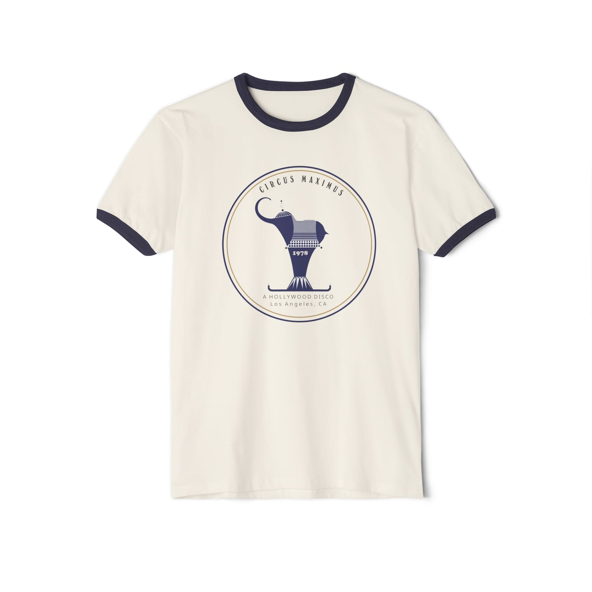 Retro ringer T-shirt with Circus Maximus Hollywood disco badge graphic 