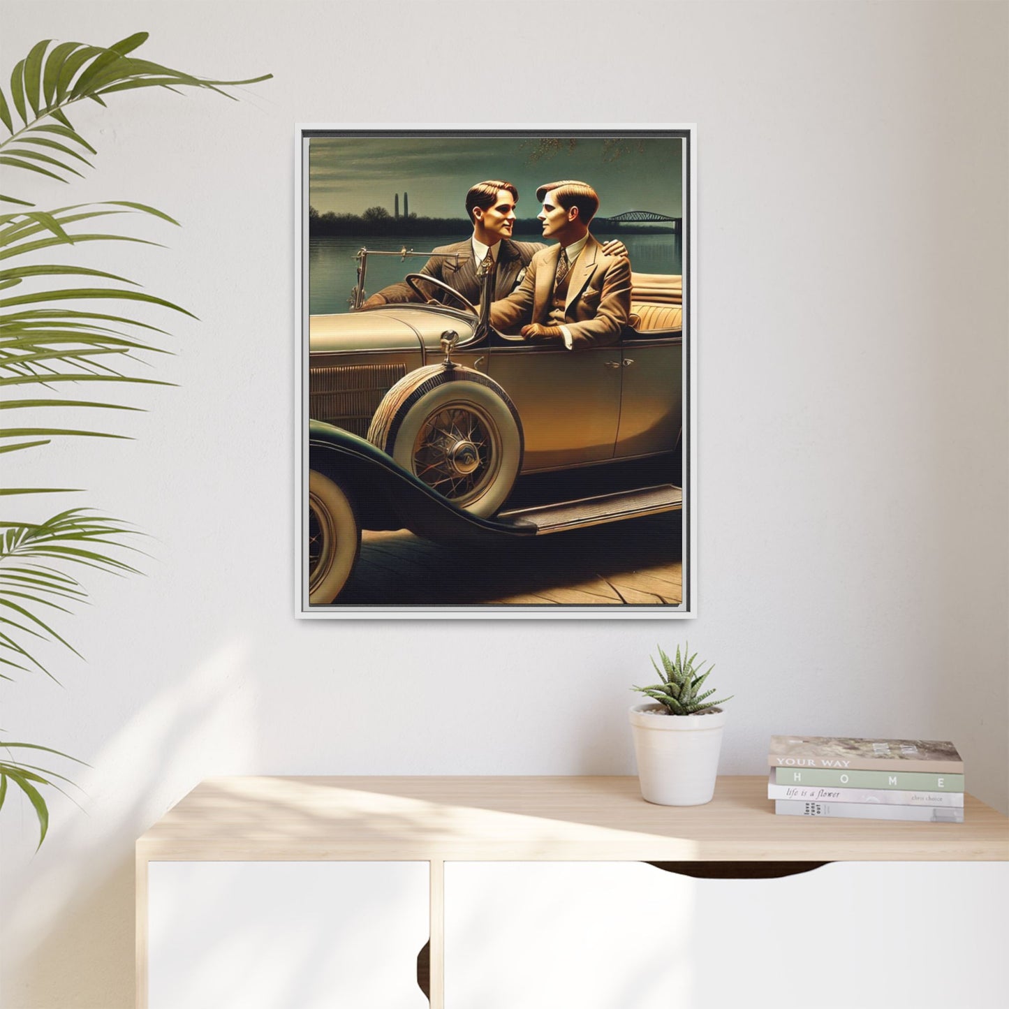 Vintage-style artwork of a gay couple in a 1930 Packard car by the Mississippi River under moonlight, celebrating love and history.