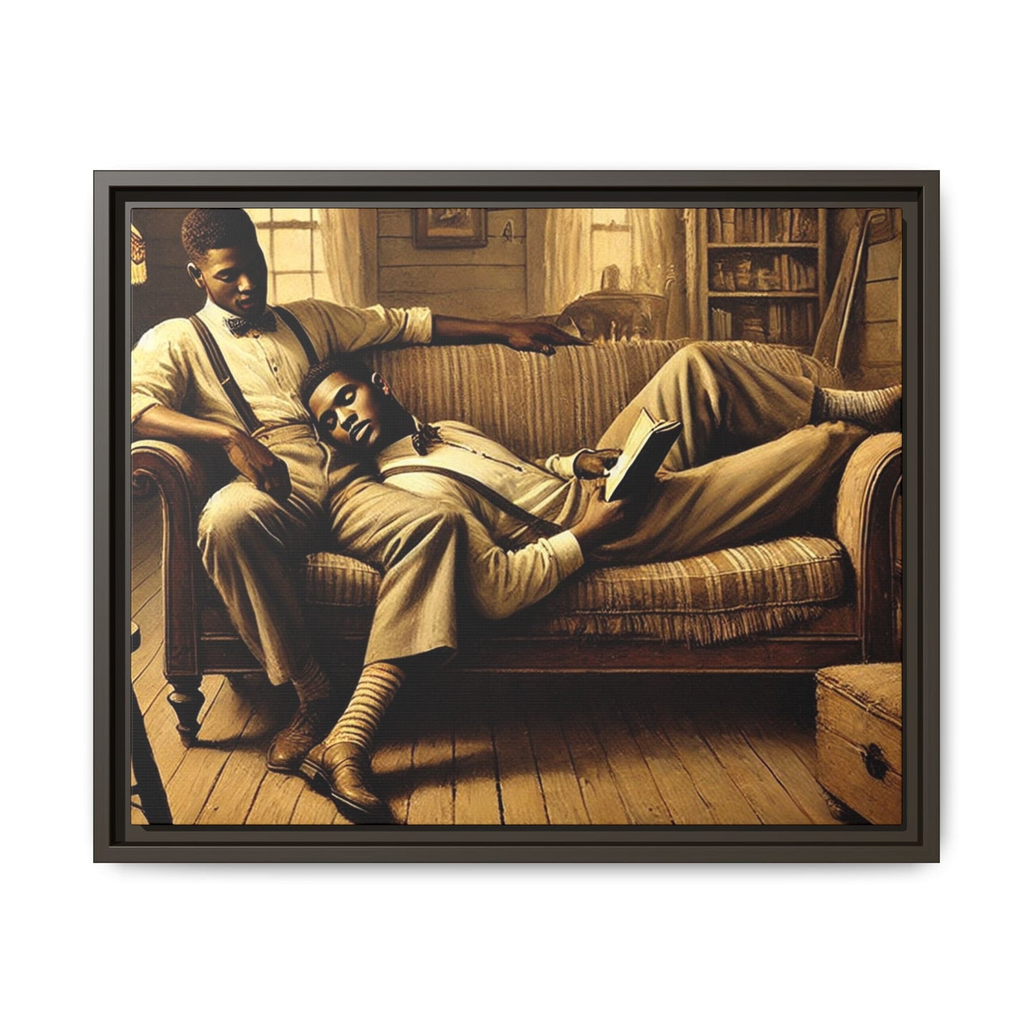 Framed artwork of an African-American gay couple sharing an intimate moment on a rustic sofa, inspired by Grant Wood’s style