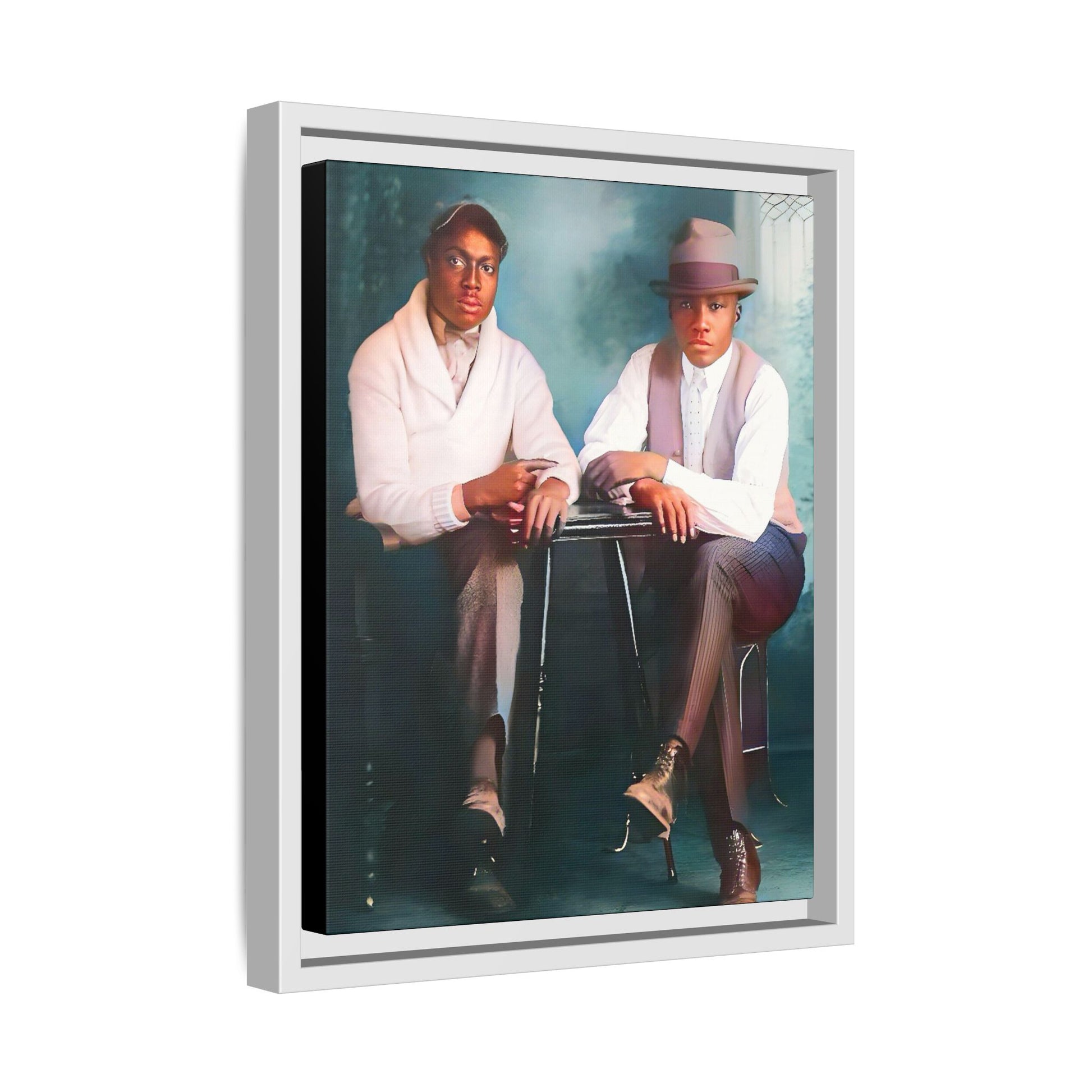 Restored vintage 1930s photo of Denzel & Jacob, African-American couple seated at a café in Little Rock AR, framed canvas art.