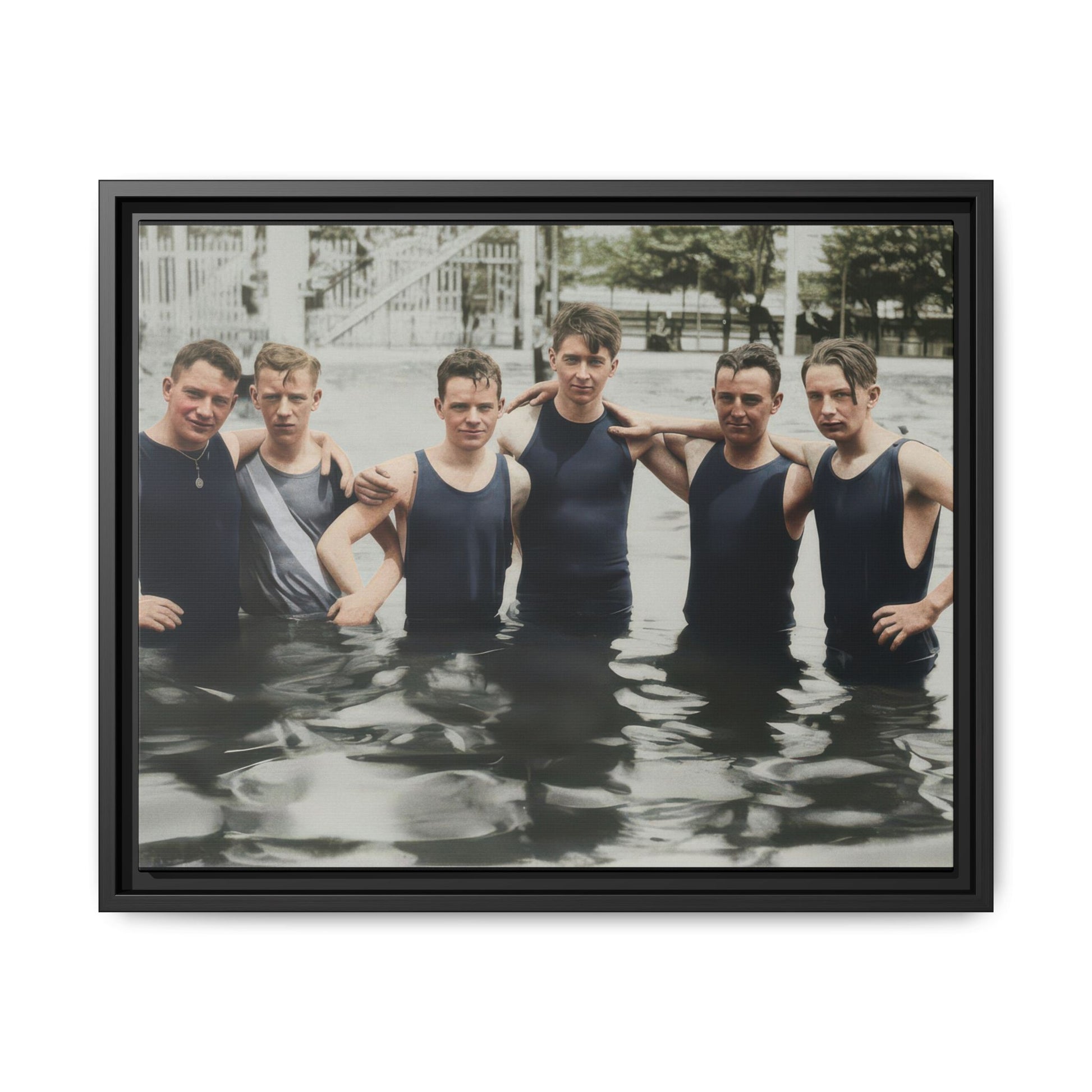 Framed matte canvas wall art showing an early 20th-century group bathing scene 