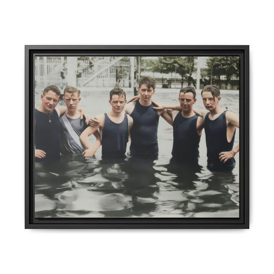 Framed matte canvas wall art showing an early 20th-century group bathing scene 