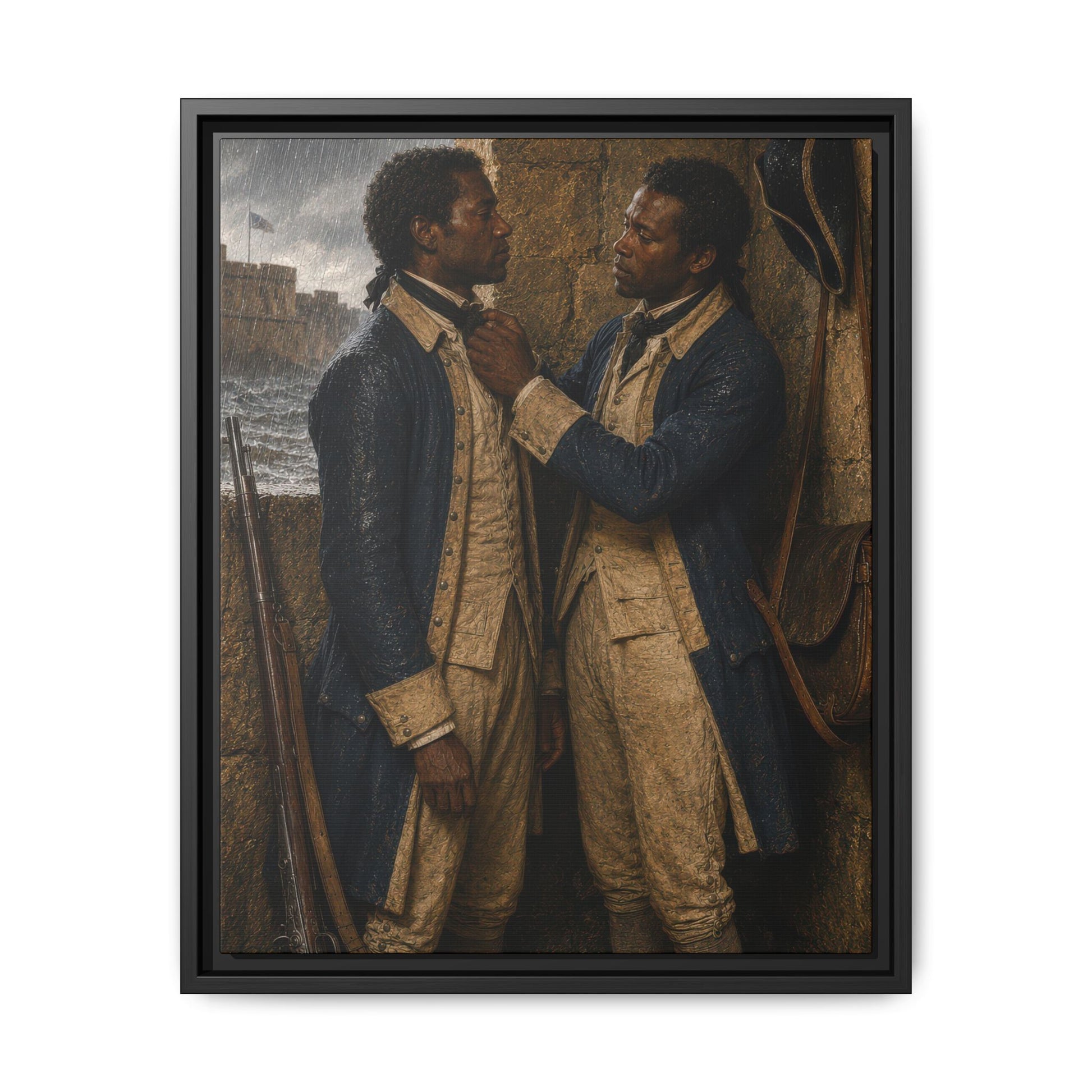 Two Black Continental Army soldiers shelter from rain inside a stone fortification during the Revolutionary War.