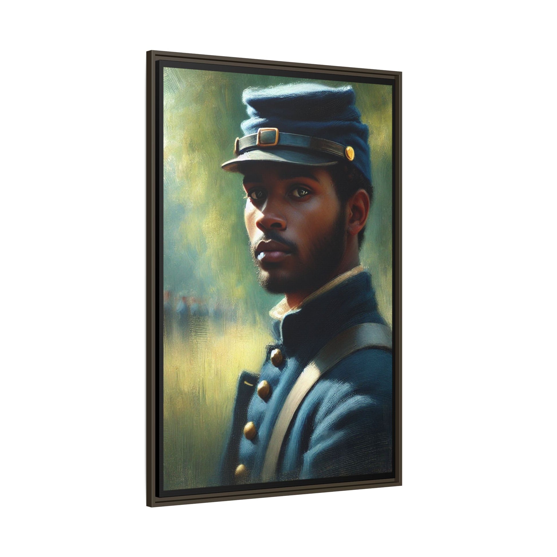 Portrait of an African American Civil War Union soldier in a kepi and navy wool coat, inspired by Walt Whitman’s Drum-Taps, honoring bravery, sacrifice, and resilience.