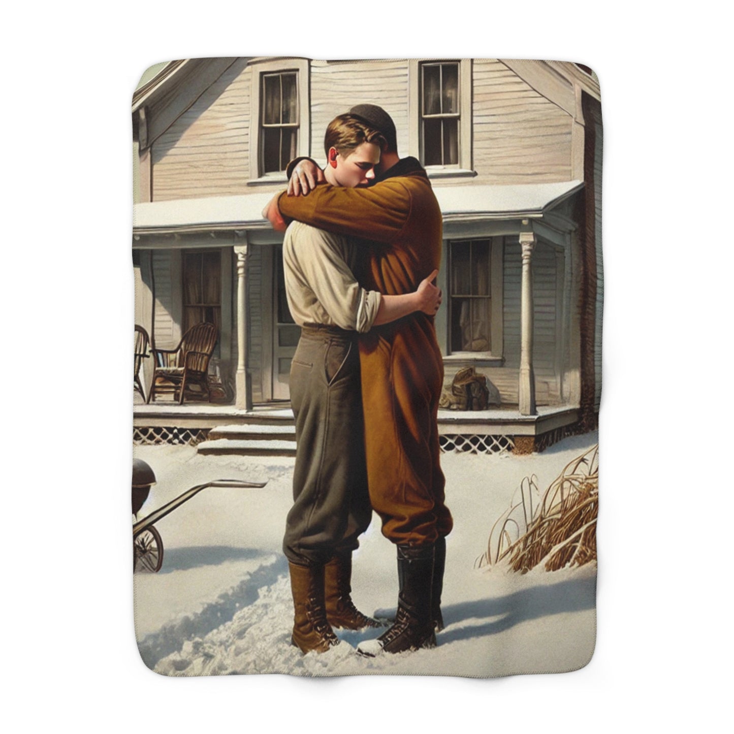 Missing Grant 012 sherpa blanket featuring winter embrace figurative artwork inspired by American Regionalist painting 