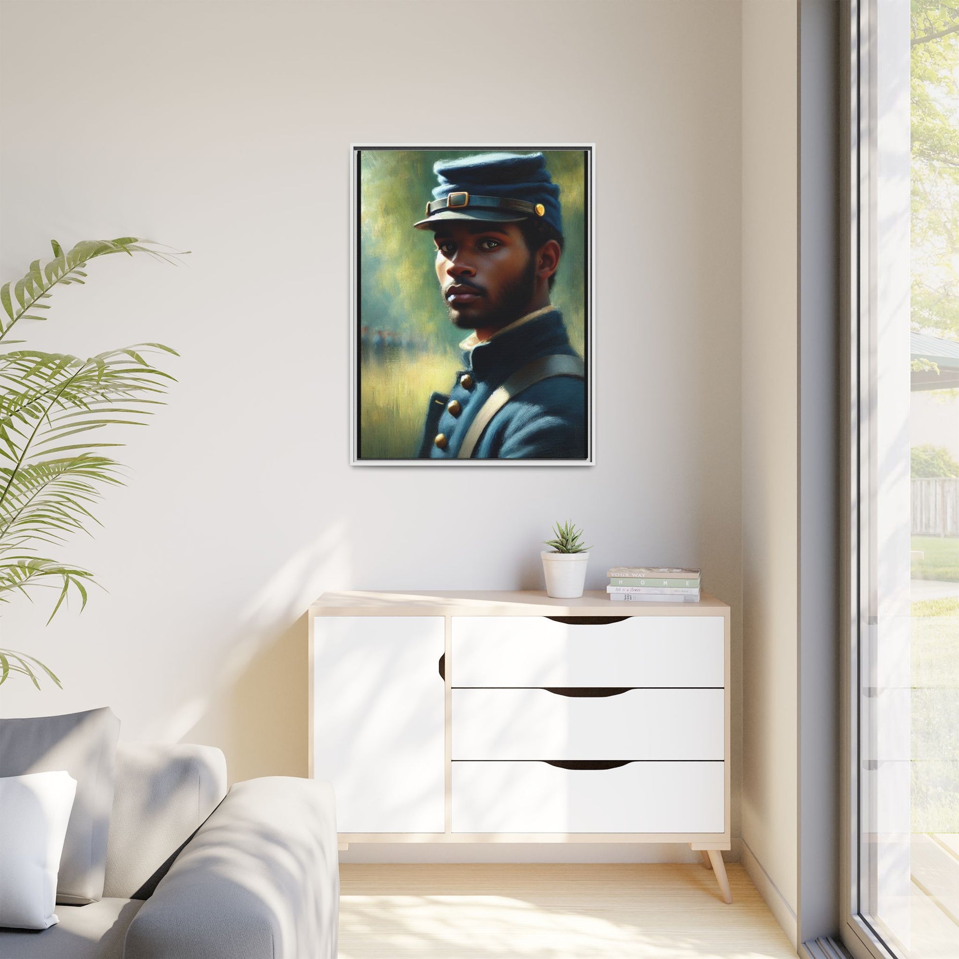 Portrait of an African American Civil War Union soldier in a kepi and navy wool coat, inspired by Walt Whitman’s Drum-Taps, honoring bravery, sacrifice, and resilience.