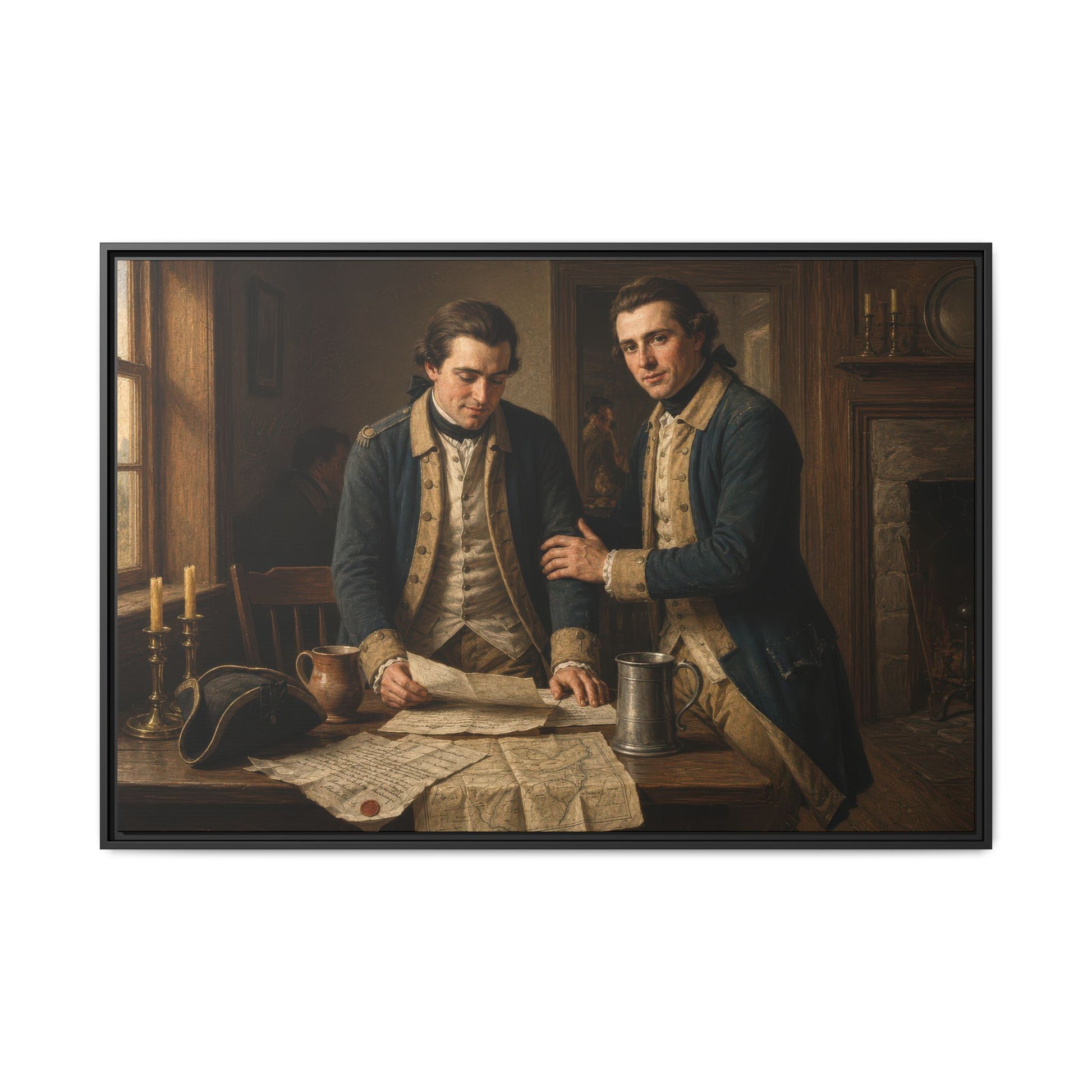 Historical framed canvas depicting Continental Army headquarters officers consulting military dispatches during the American Revolution
