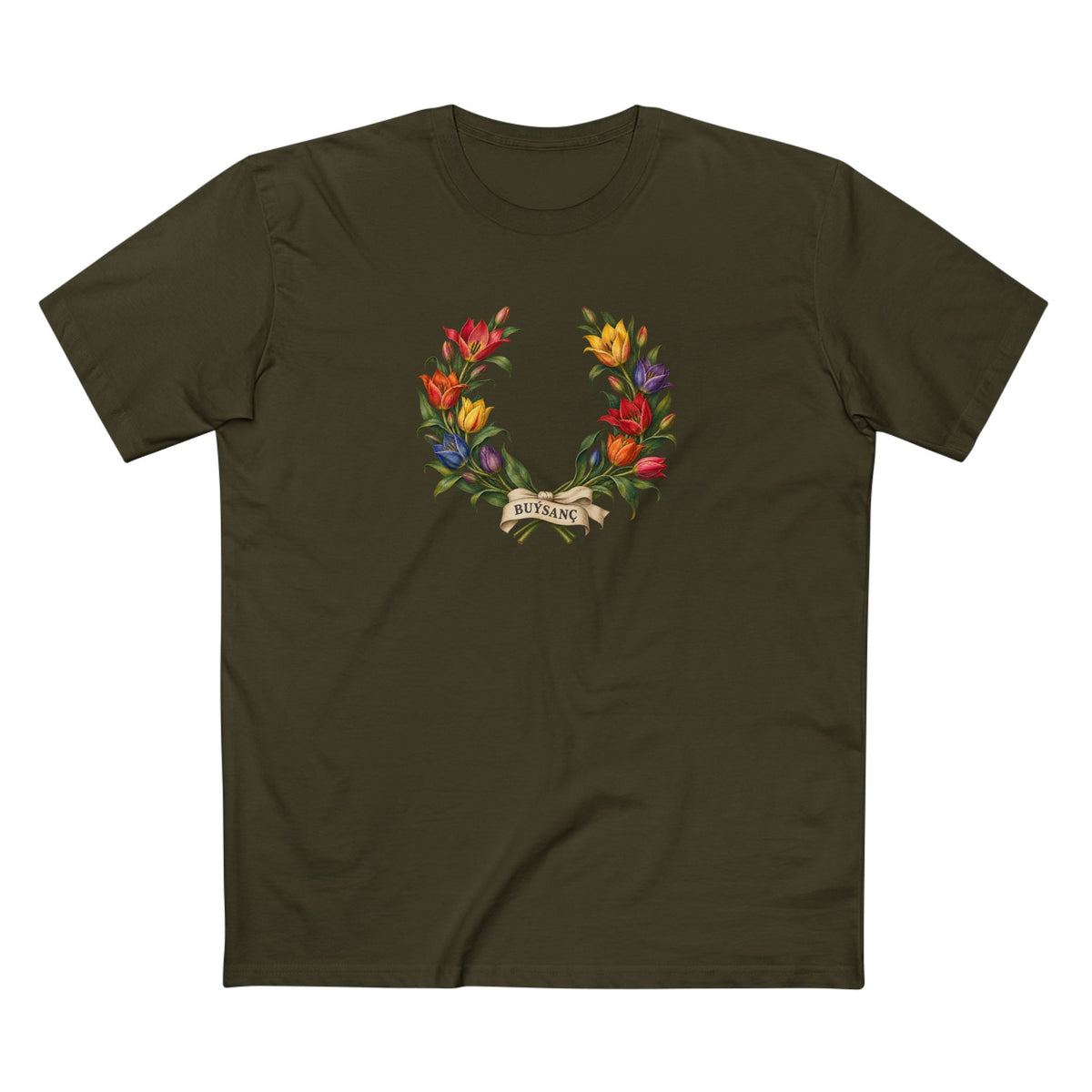 Turkmen Wild Tulip Buýsanç Pride Laurel Wreath T-Shirt — Unfolding Strength