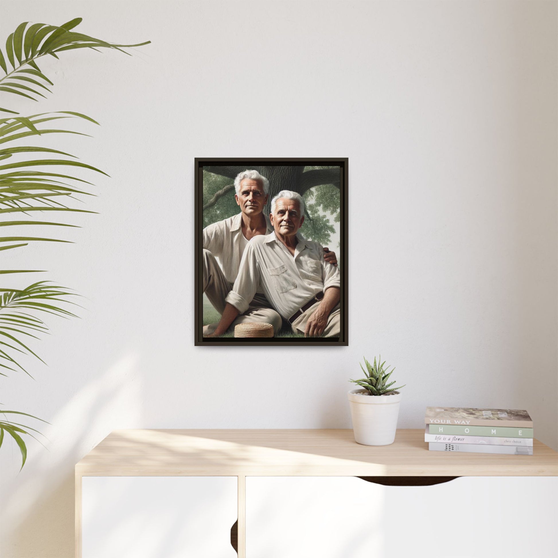 Hyper-realistic painting of an elderly gay couple in 1930s vintage attire under a leafy tree, celebrating love and resilience.