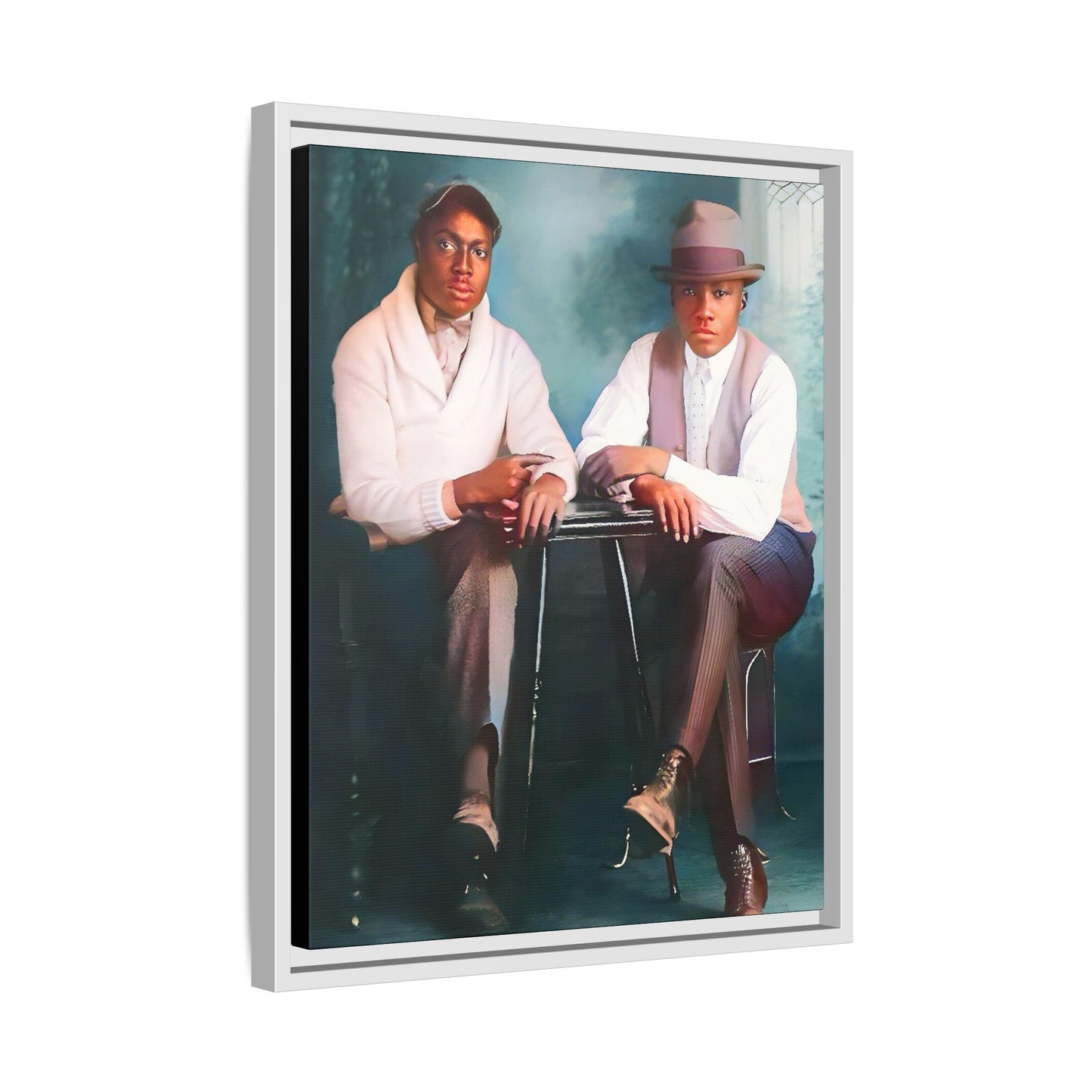 Restored vintage 1930s photo of Denzel & Jacob, African-American couple seated at a café in Little Rock AR, framed canvas art.