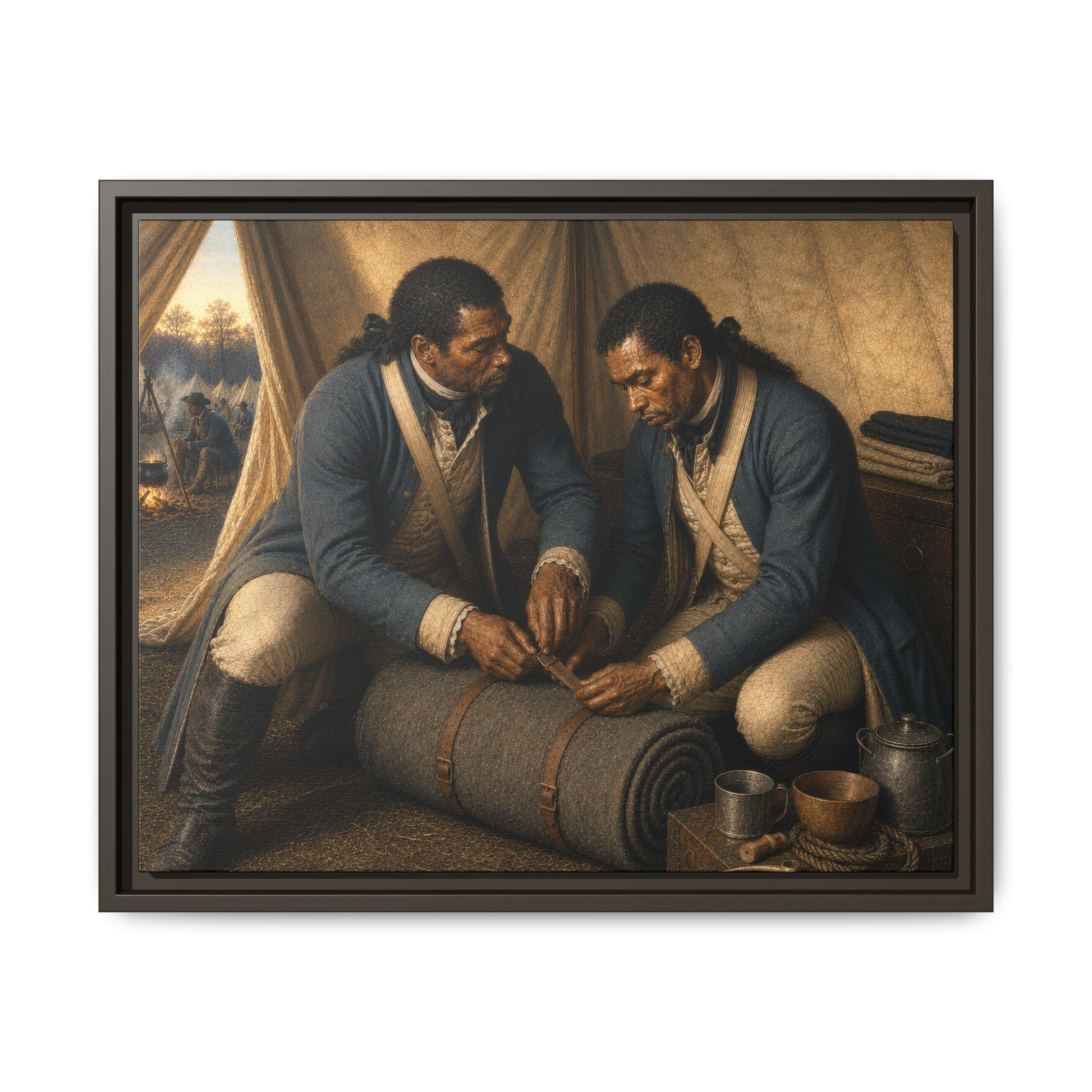 Two Black Continental Army soldiers securing a rolled blanket inside a winter quarters tent during the American Revolution.