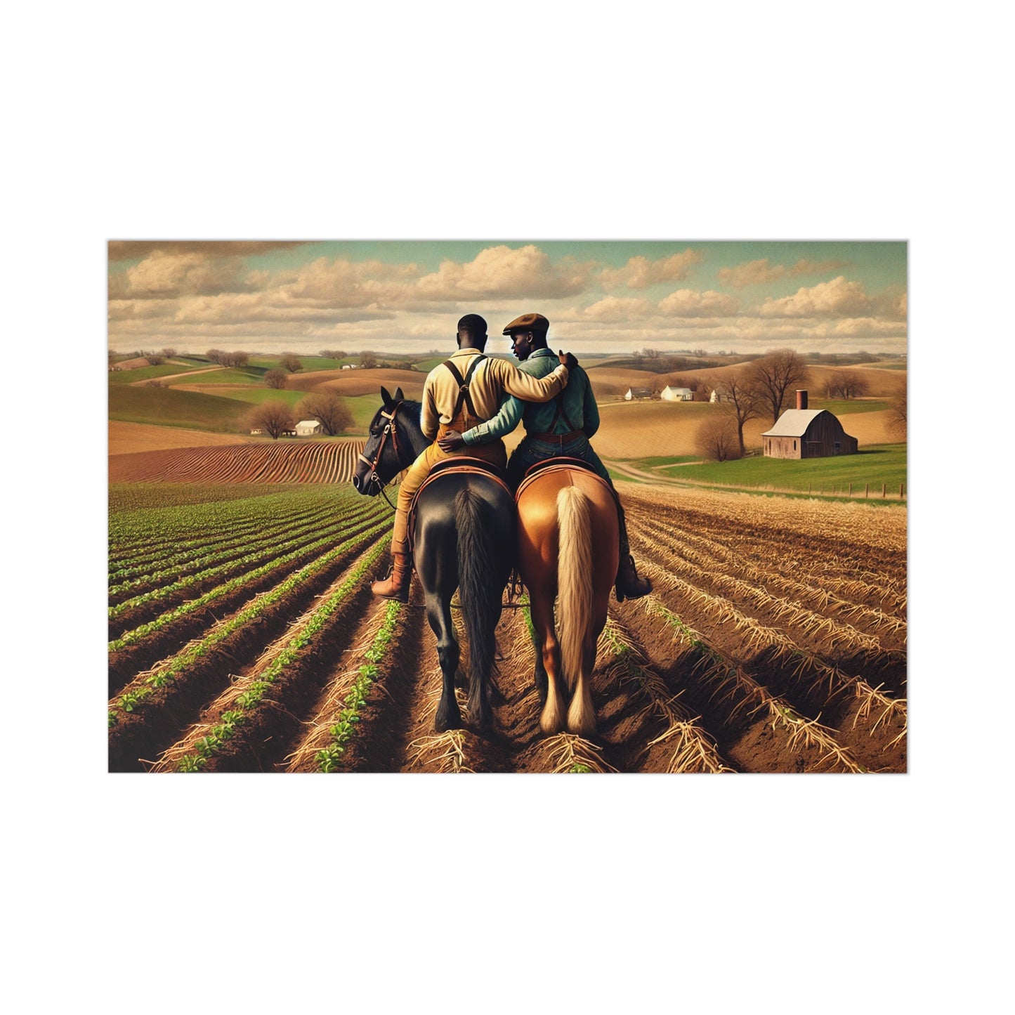 Heartwarming postcard set featuring an African-American gay couple riding horseback in a serene rural landscape