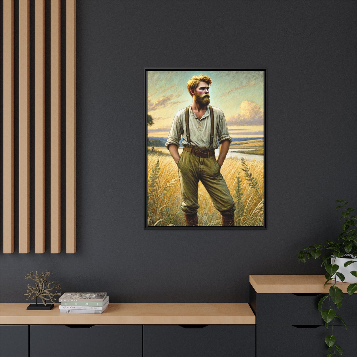 Framed artwork of a confident farmer in 19th-century attire, standing in a golden wheat field, inspired by Walt Whitman’s Song of Myself in Leaves of Grass.