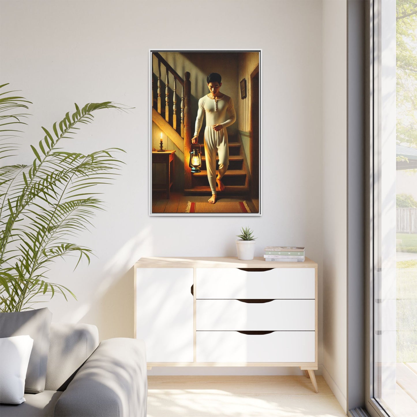 Framed artwork of an Asian-American man wearing long johns underwear holding a lantern on a staircase, inspired by Grant Wood’s style.