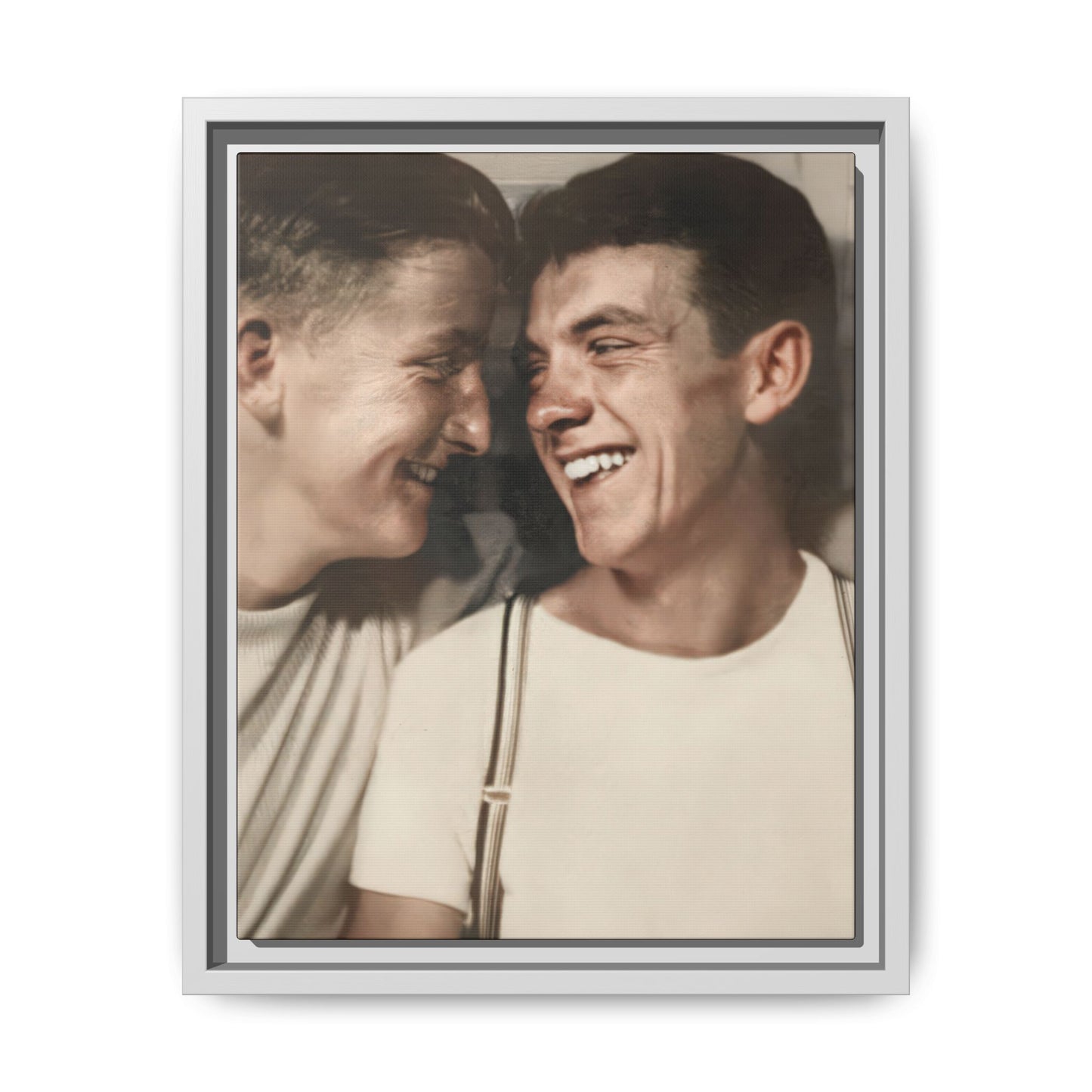 Museum-style archival photo reproduction of a mid-century photobooth image with warm expression