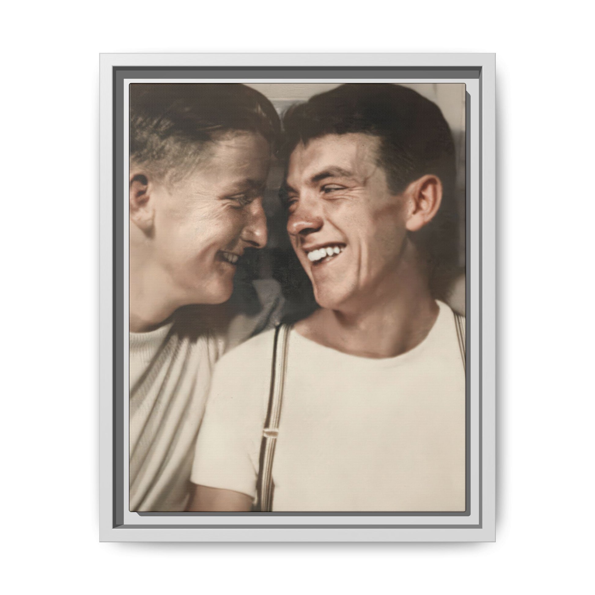 Museum-style archival photo reproduction of a mid-century photobooth image with warm expression