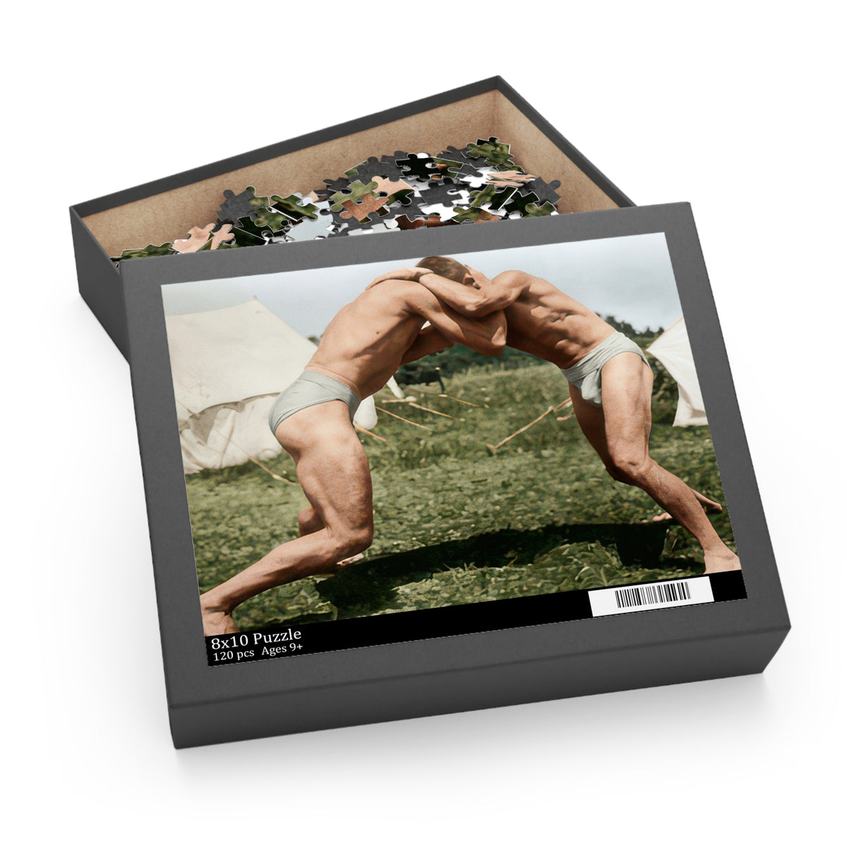 Jigsaw puzzle showing two wrestlers in a standing clinch on grassy ground before pale canvas tents.