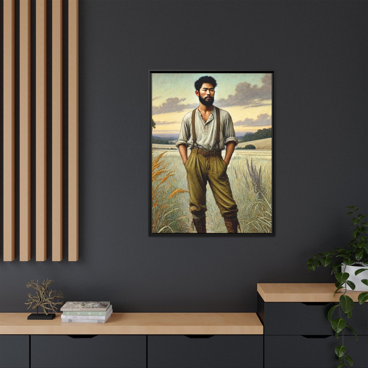 Framed artwork of an Asian-American farmer in 19th-century attire, inspired by Walt Whitman’s Leaves of Grass and Song of Myself, set against a serene rural backdrop of golden wheat fields and rolling hills.