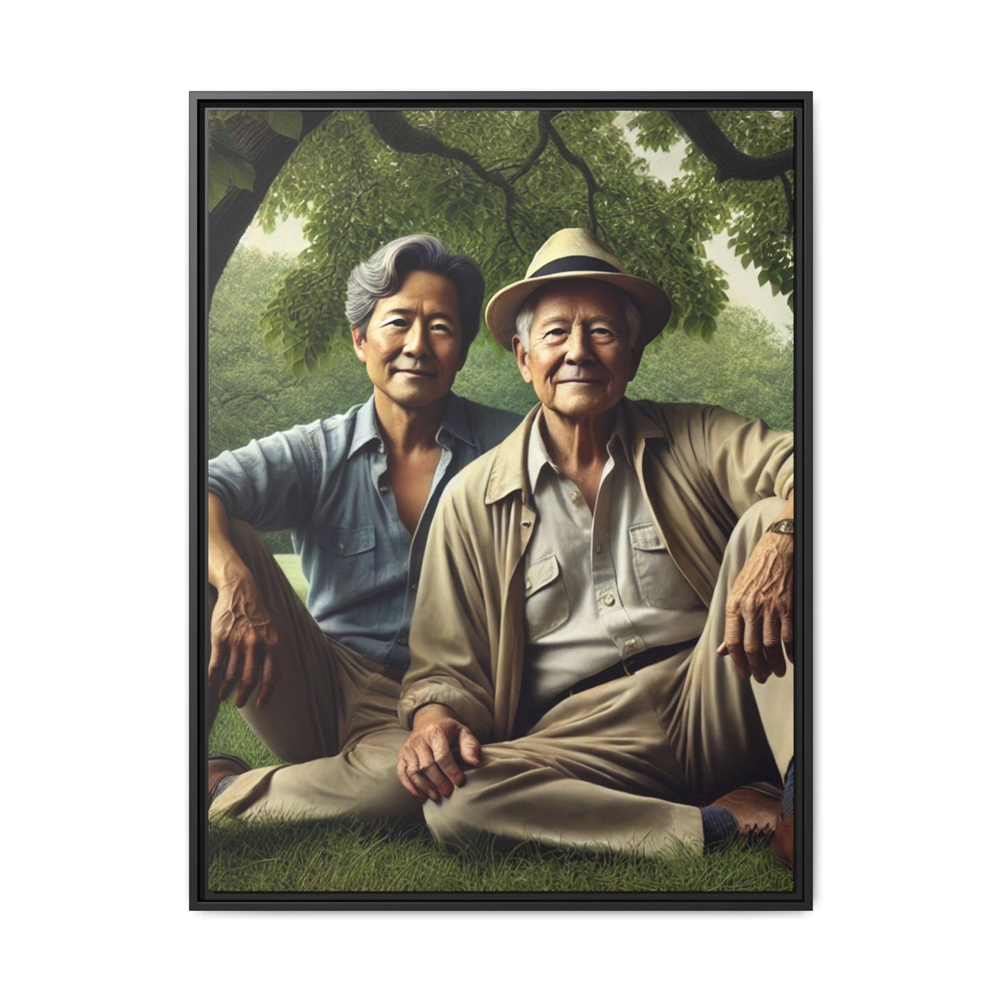 Hyper-realistic painting of an elderly Asian-American gay couple in 1930s attire under a leafy tree, celebrating love and resilience.